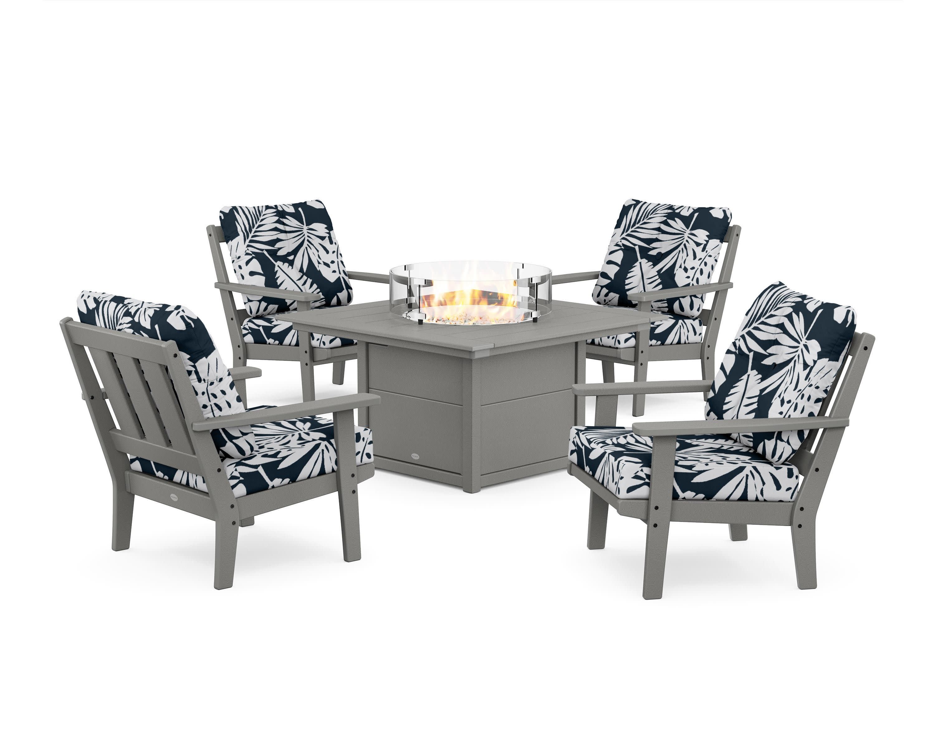 Oxford 5-Piece Deep Seating Set with Fire Pit Table in Slate Grey / Leaf Marine Indigo