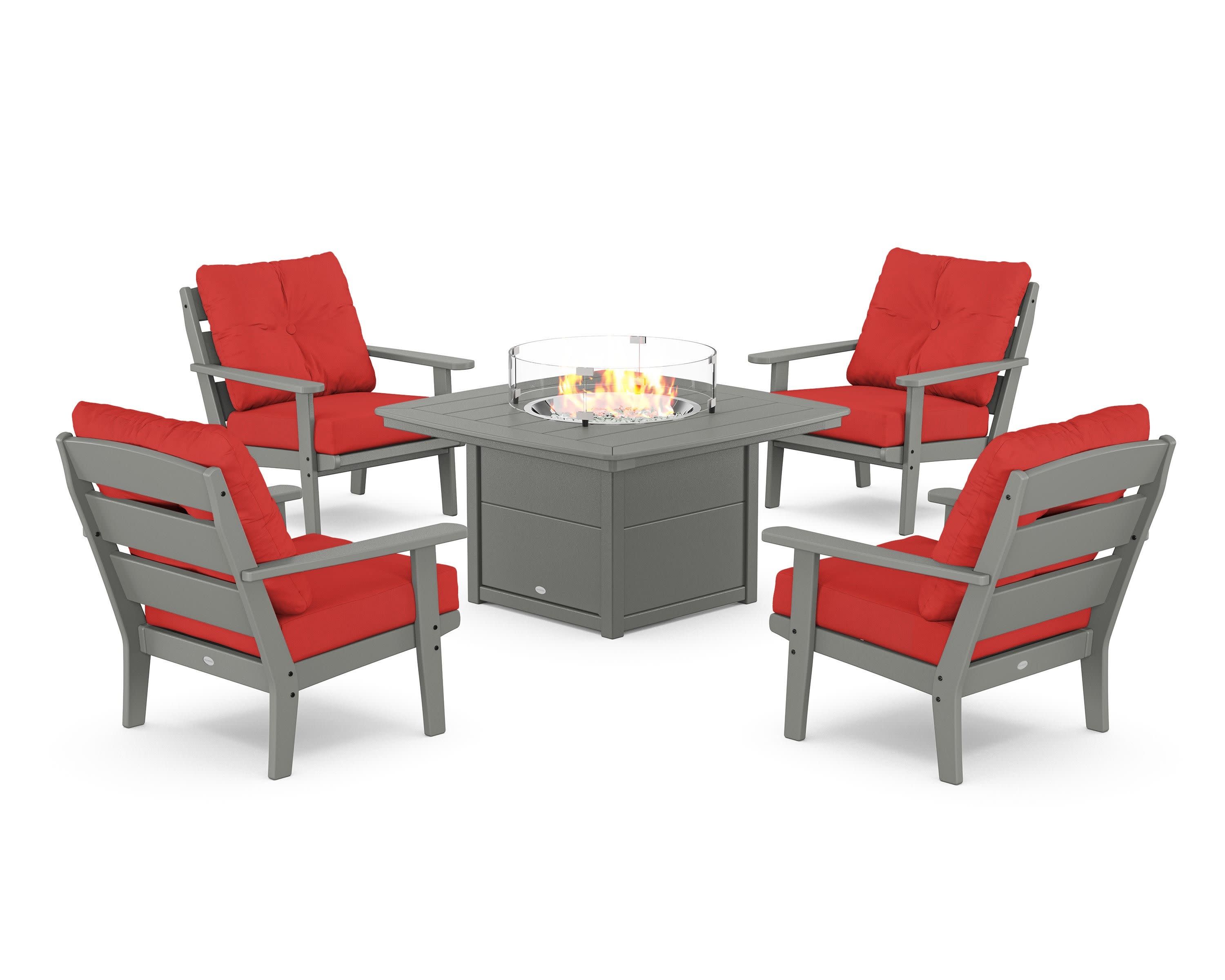 Lakeside 5-Piece Deep Seating Set with Nautical Fire Pit Table in Slate Grey / Crimson Linen