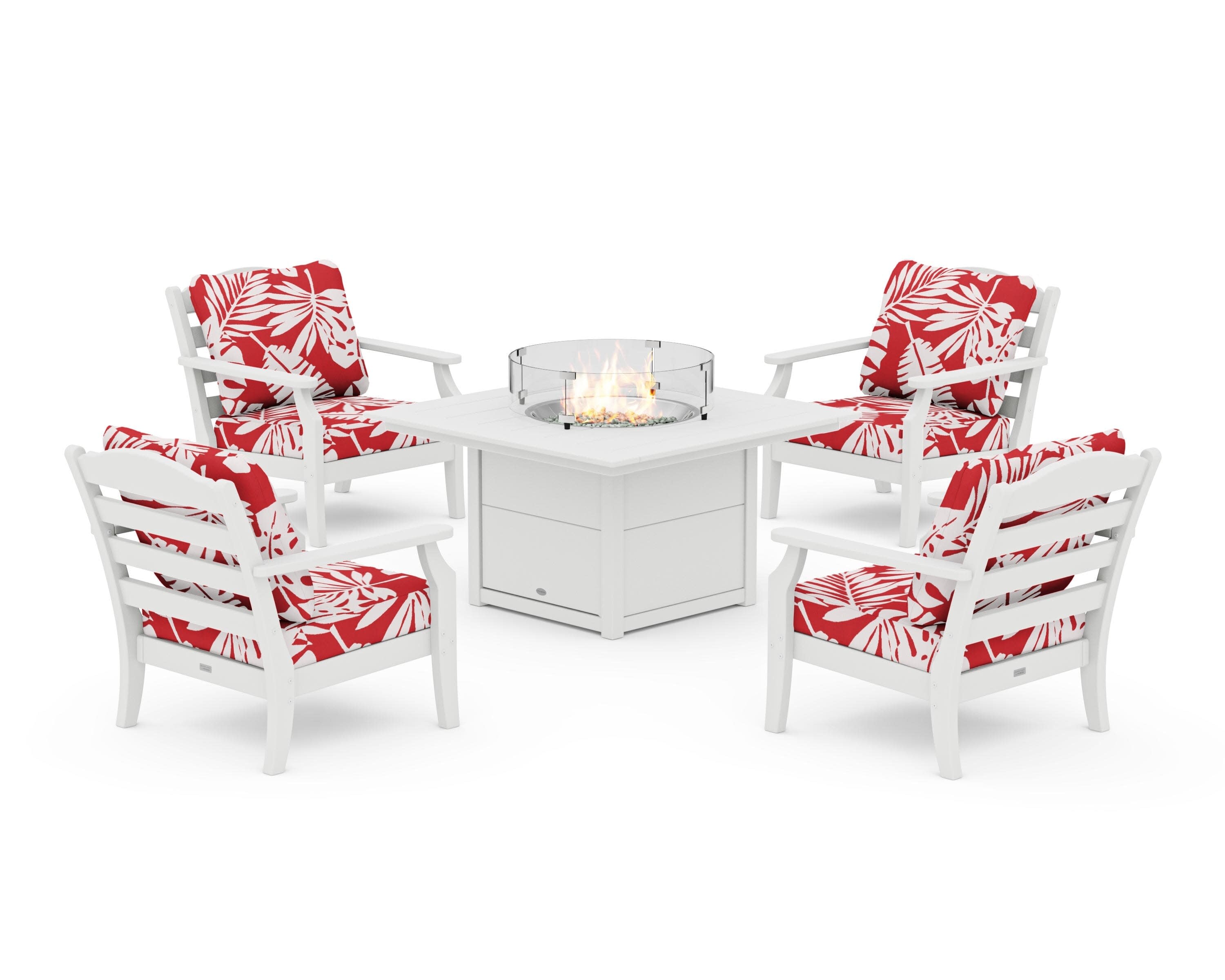 Savannah 5-Piece Deep Seating Set with Fire Pit Table in White / Leaf Crimson