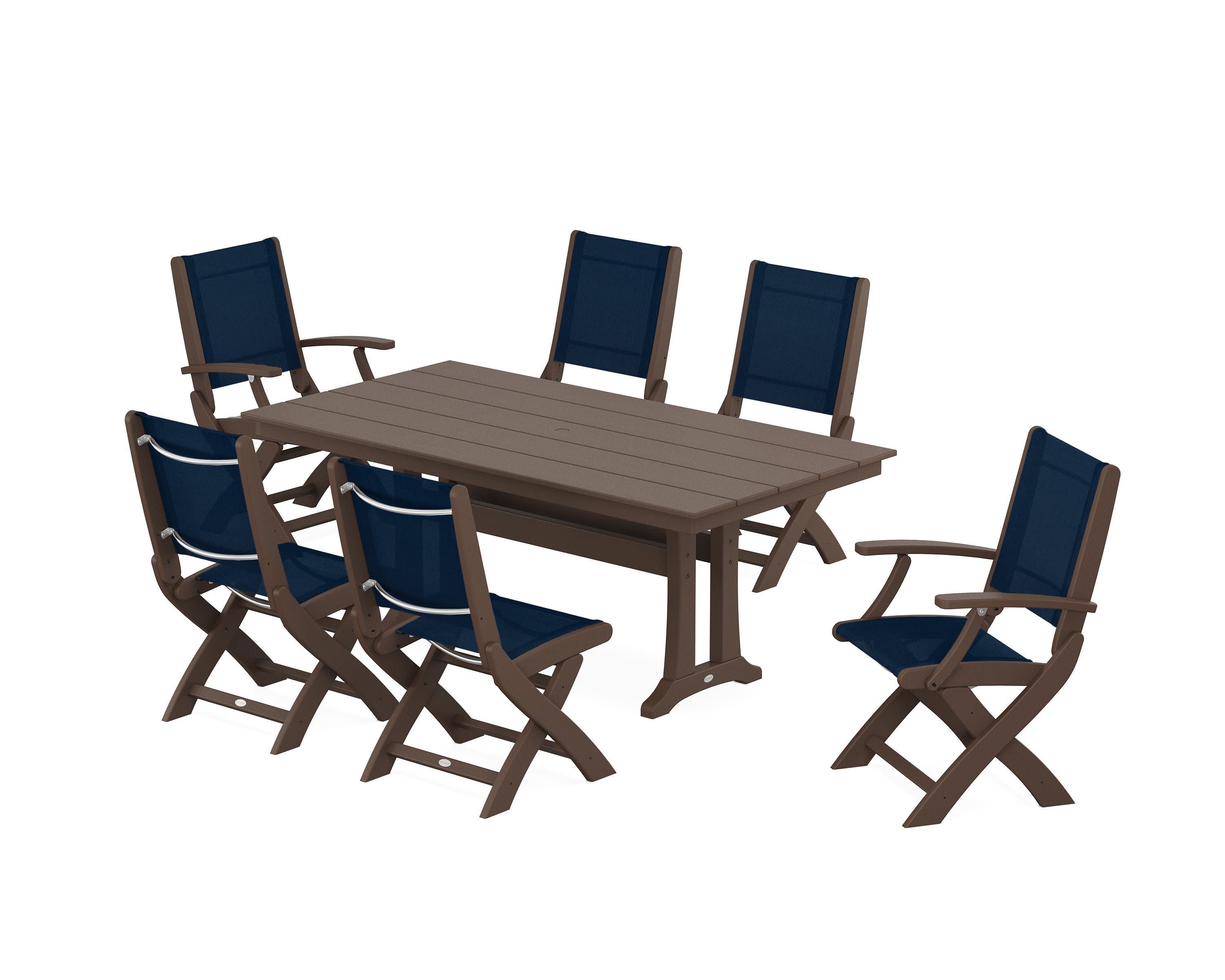 Coastal Folding Chair 7-Piece Farmhouse Dining Set with Trestle Legs in Mahogany / Navy Blue Sling
