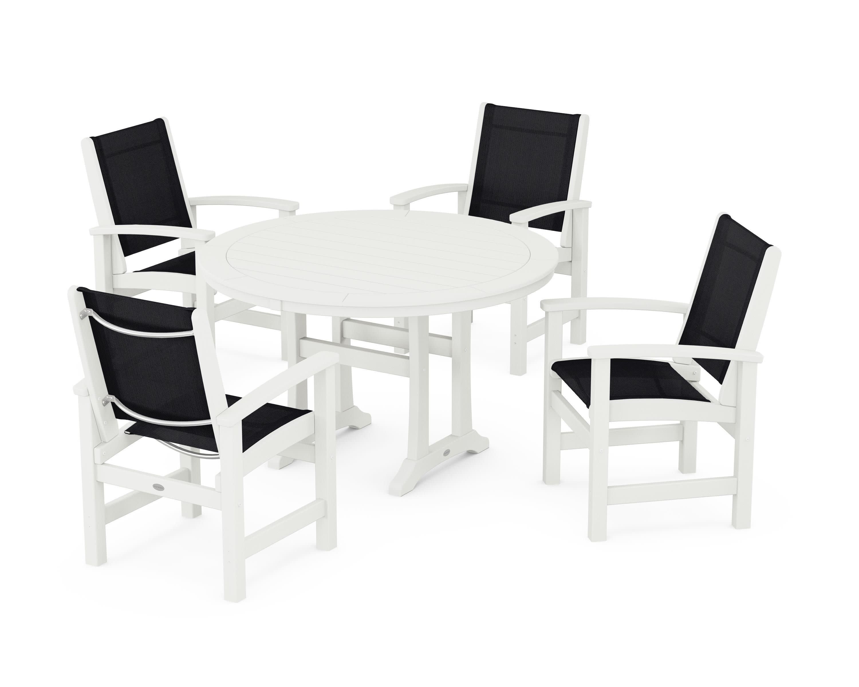 Coastal 5-Piece Round Dining Set with Trestle Legs in Vintage White / Black Sling