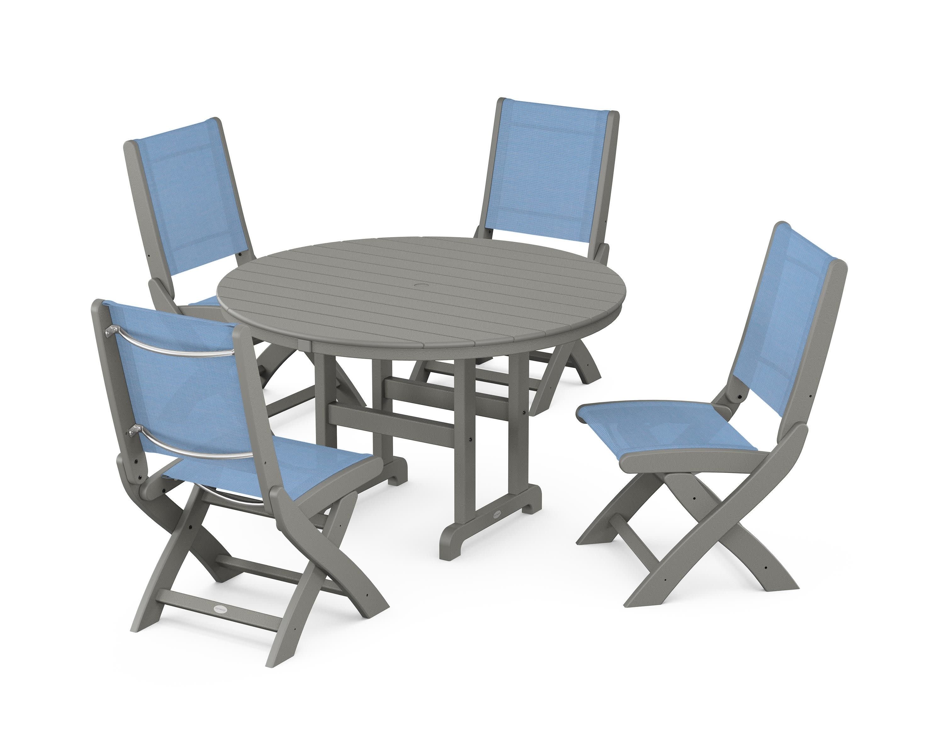 Coastal Folding Side Chair 5-Piece Round Dining Set in Slate Grey / Poolside Sling