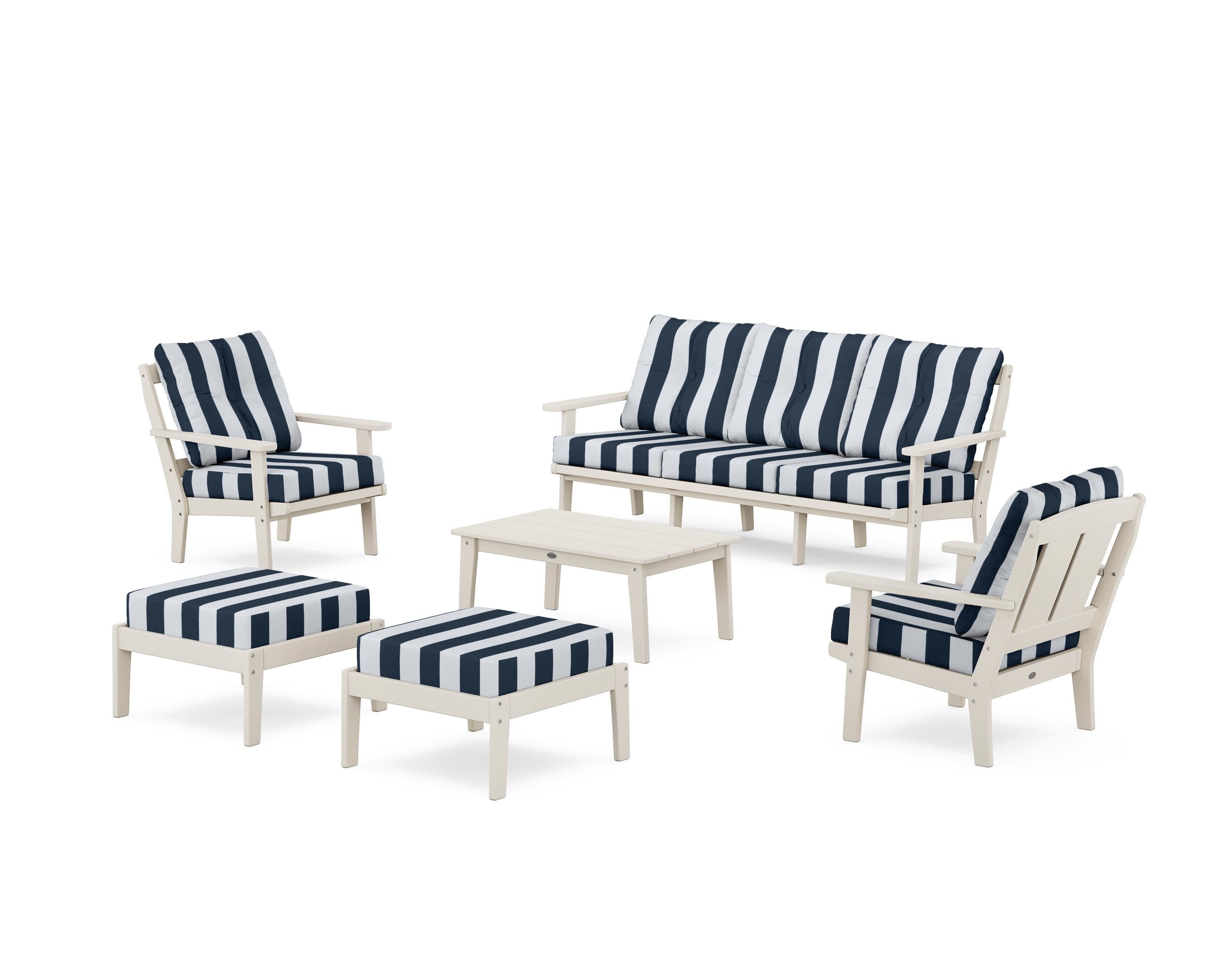 Mission 6-Piece Lounge Sofa Set in Sand / Cabana Stripe Marine Indigo