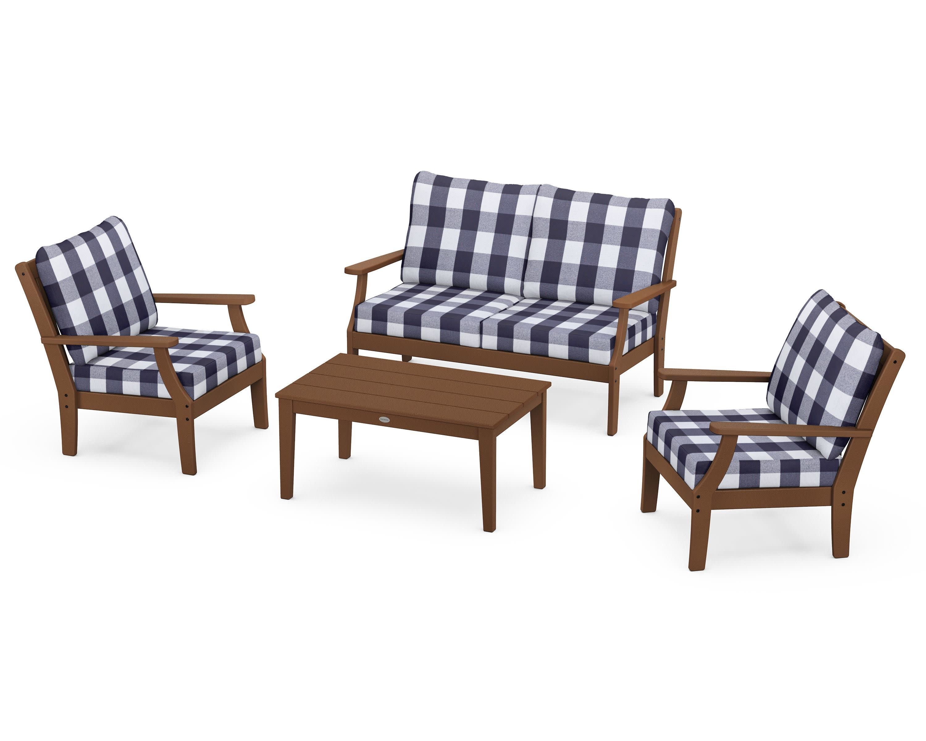 Braxton 4-Piece Deep Seating Chair Set in Teak / Buffalo Plaid Navy