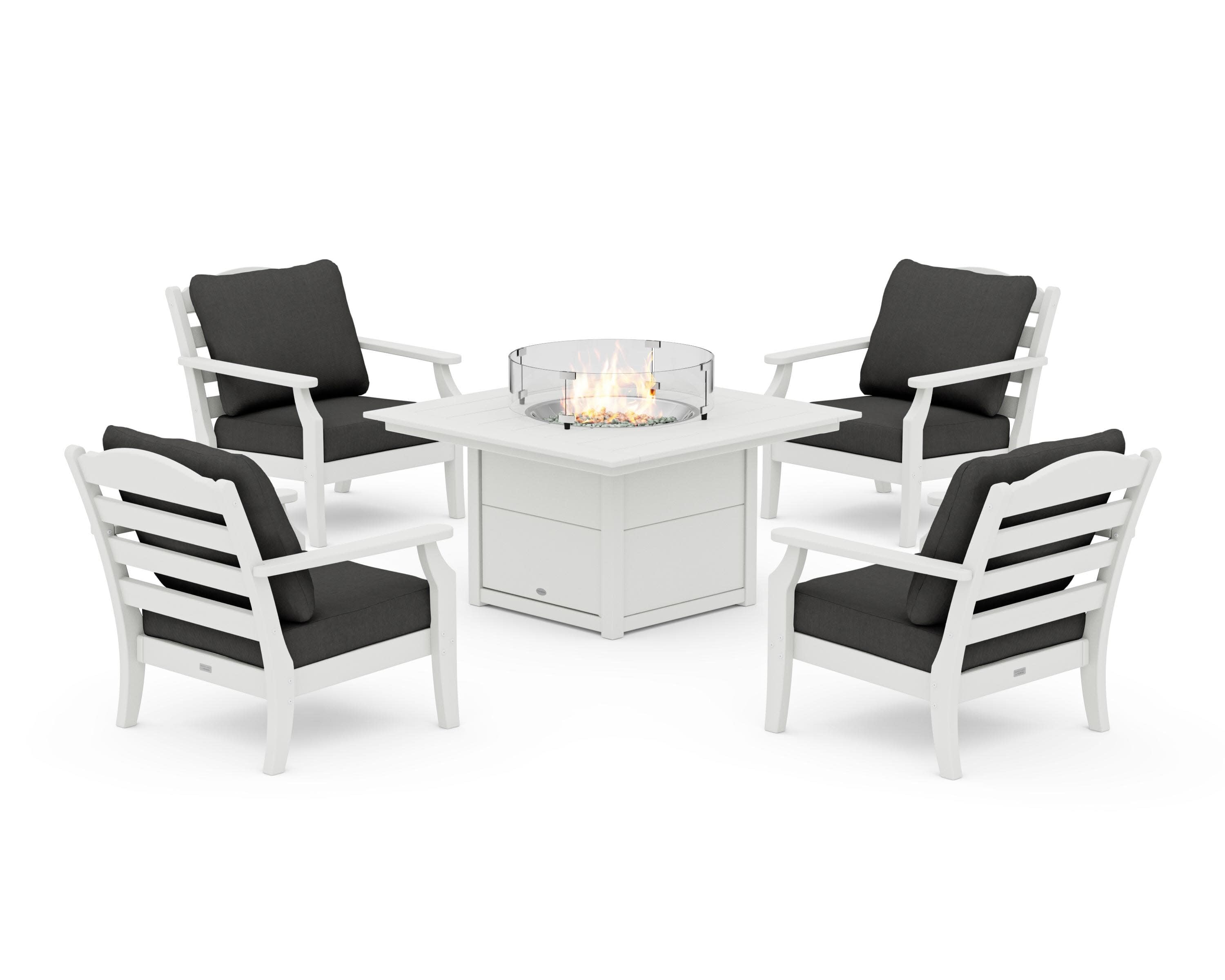 Savannah 5-Piece Deep Seating Set with Fire Pit Table in Vintage White / Spectrum Carbon