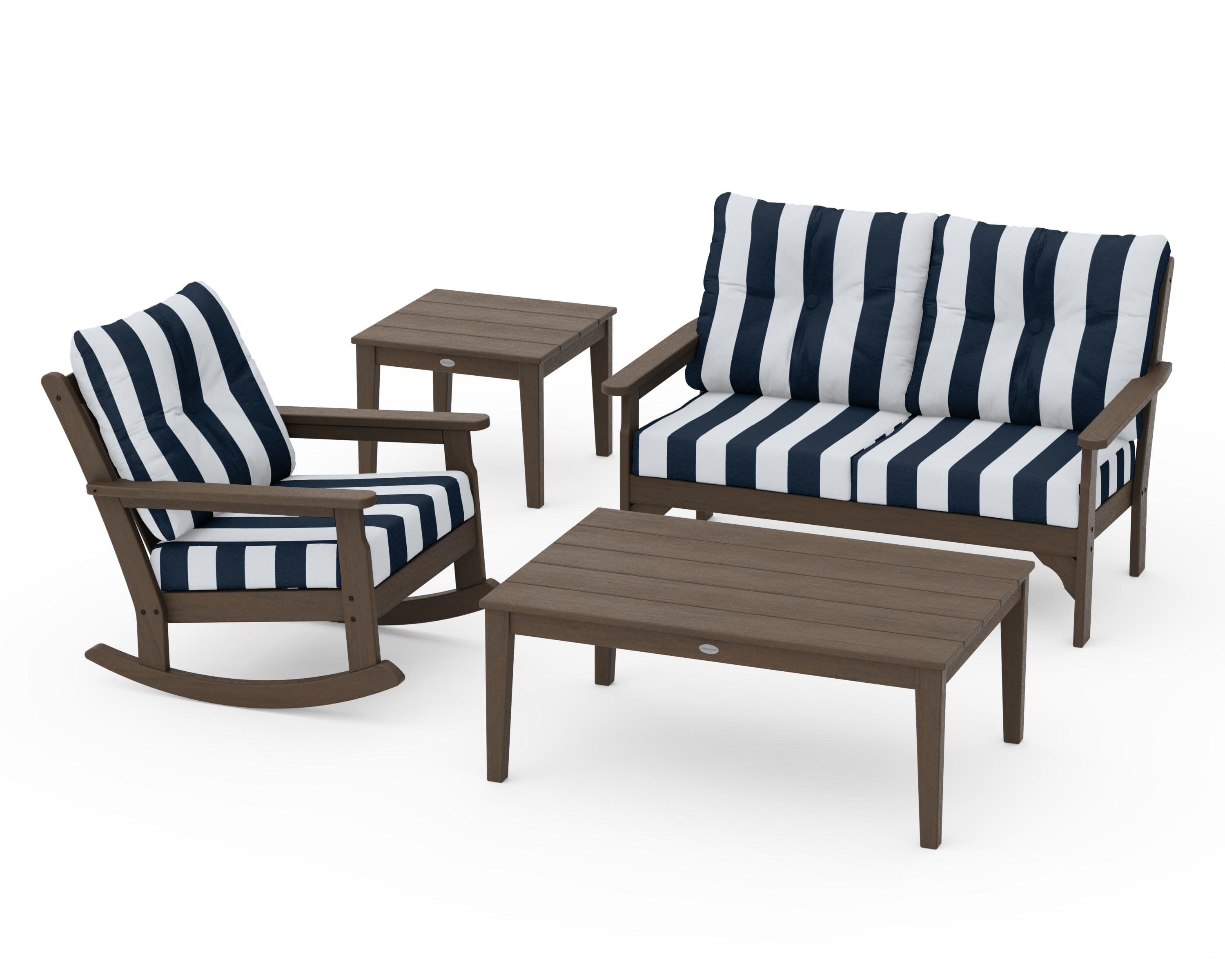 Vineyard 4-Piece Deep Seating Rocker Set in Kona / Cabana Stripe Marine Indigo