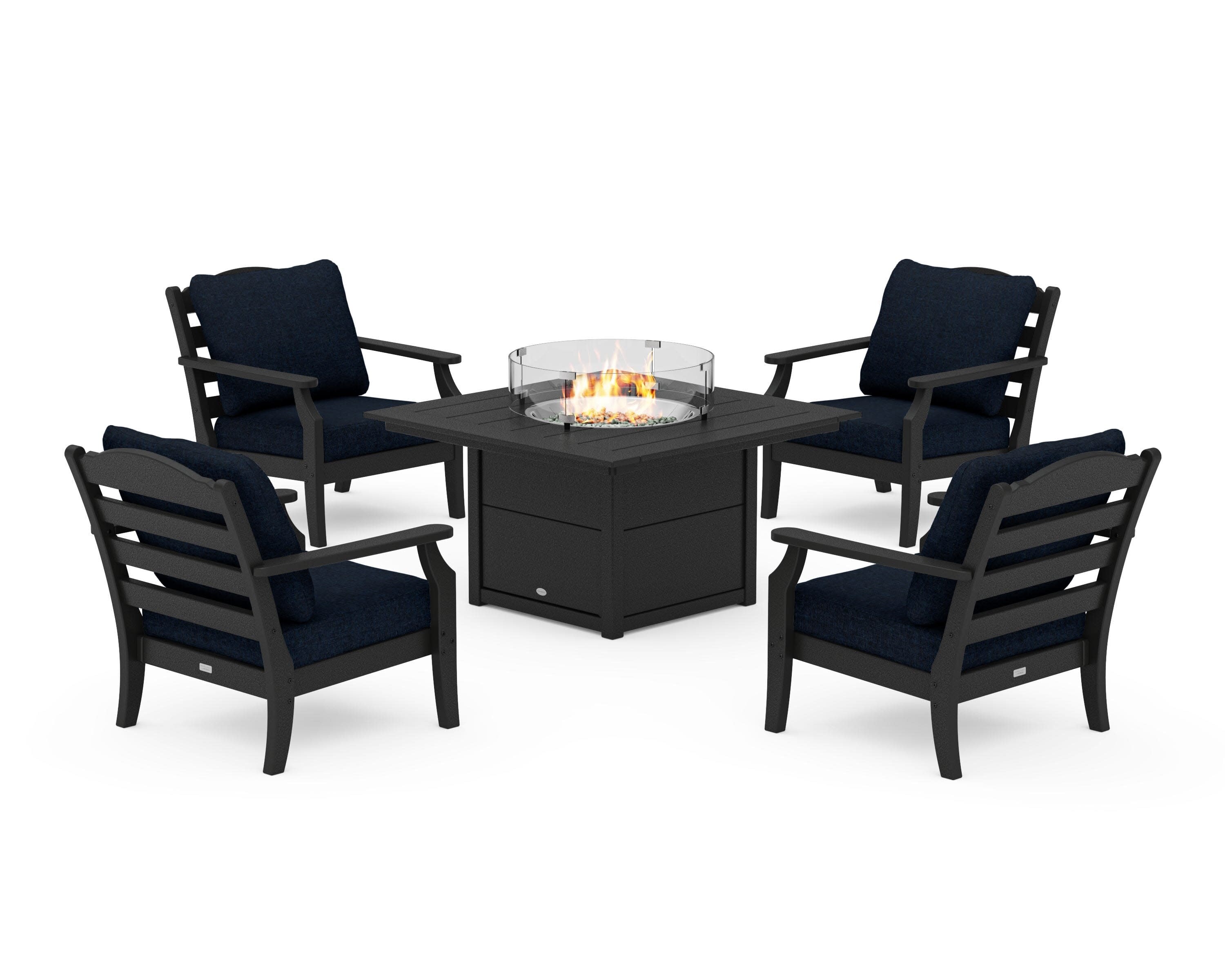 Savannah 5-Piece Deep Seating Set with Fire Pit Table in Black / Marine Indigo