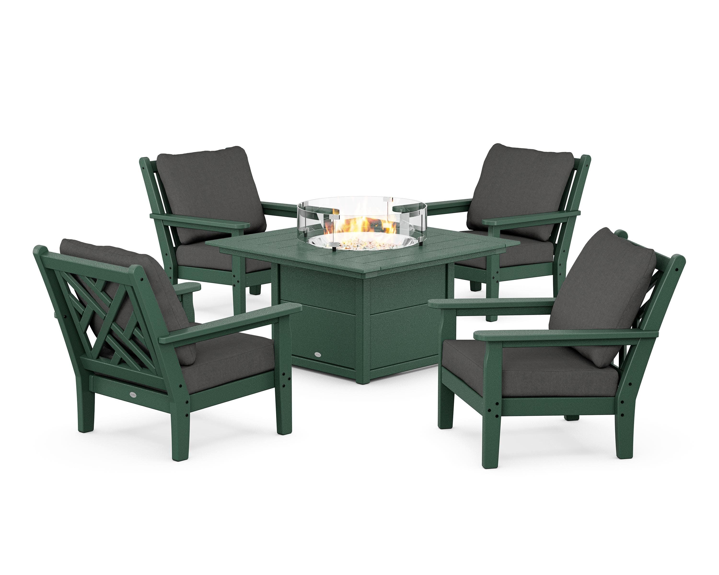 Chippendale 5-Piece Deep Seating Set with Fire Pit Table in Green / Spectrum Carbon