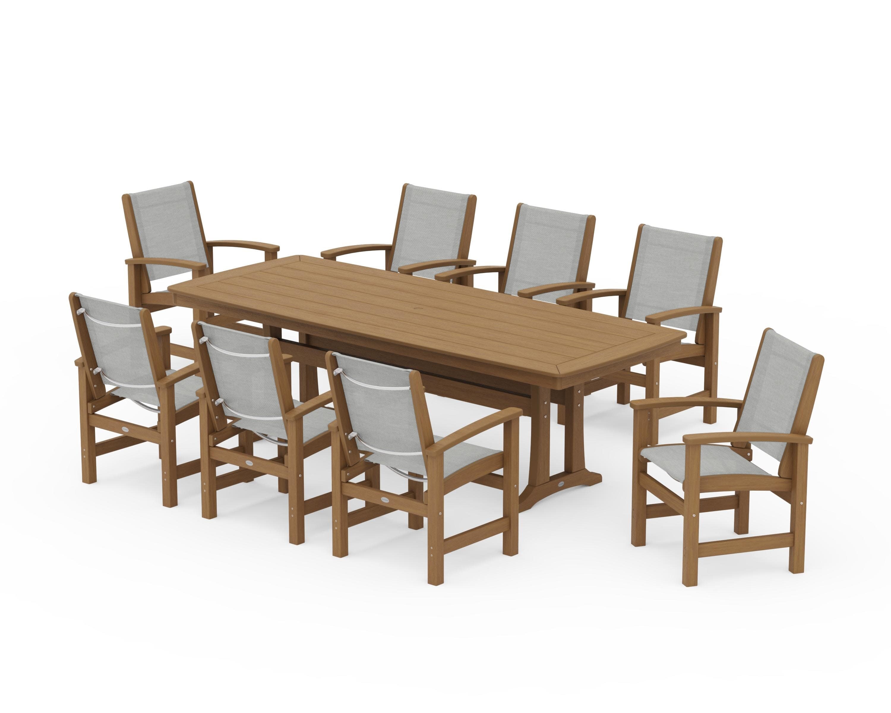 Coastal 9-Piece Dining Set with Trestle Legs in Natural / Metallic Sling