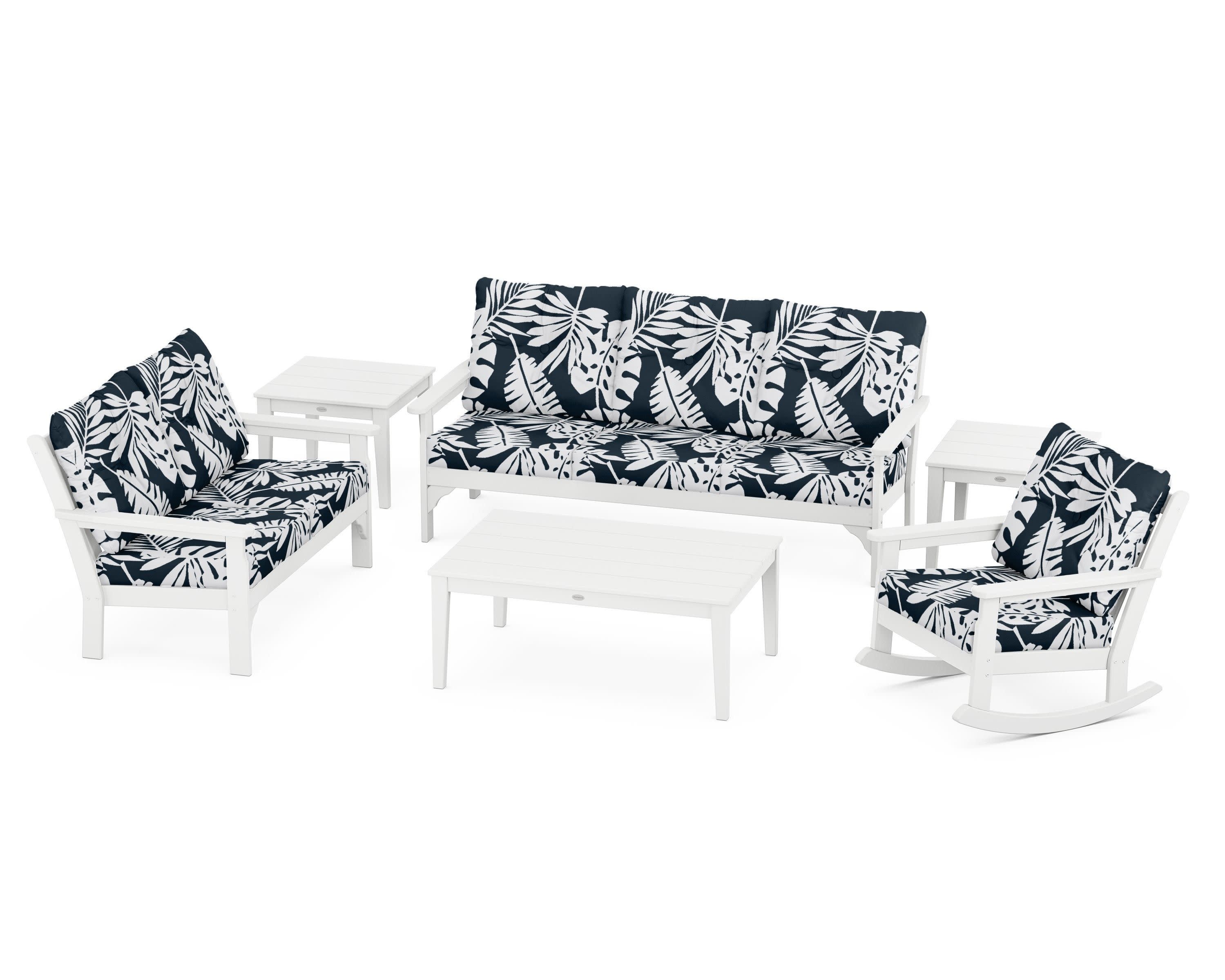 Vineyard 6-Piece Deep Seating Set in White / Leaf Marine Indigo