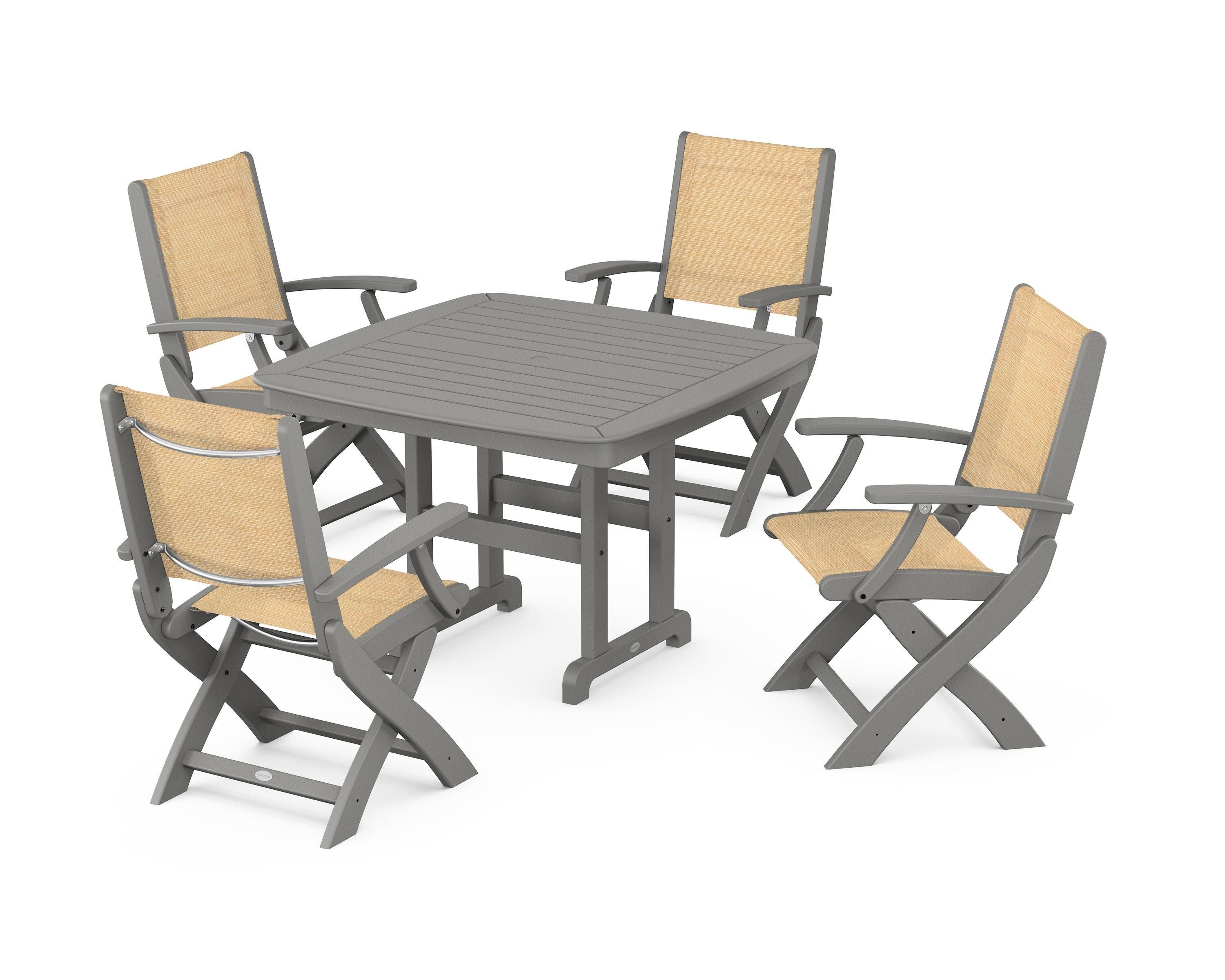 Coastal Folding Chair 5-Piece Dining Set in Slate Grey / Dupioni Apricot Sling