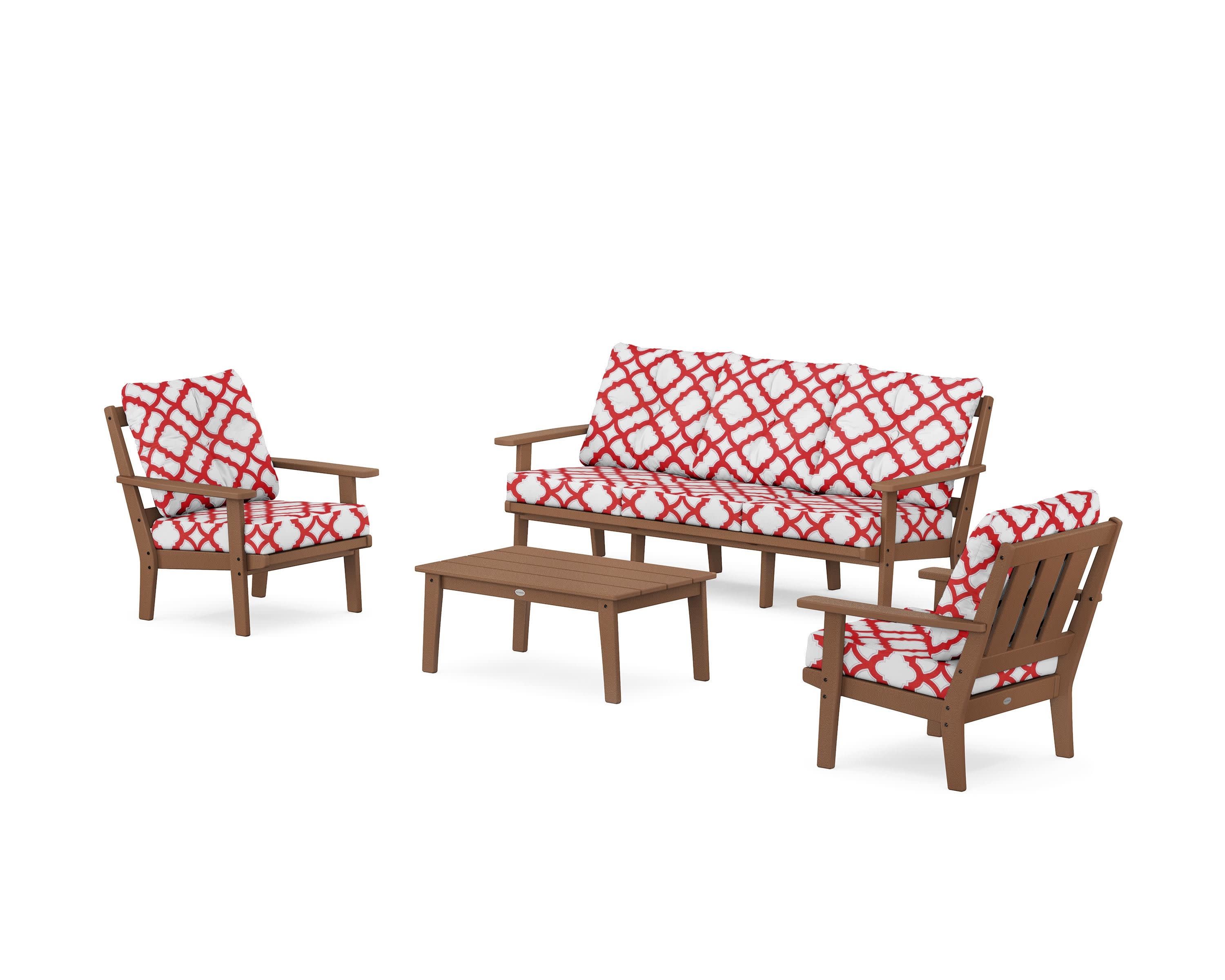 Oxford 4-Piece Deep Seating Set with Sofa in Teak / Trellis Crimson