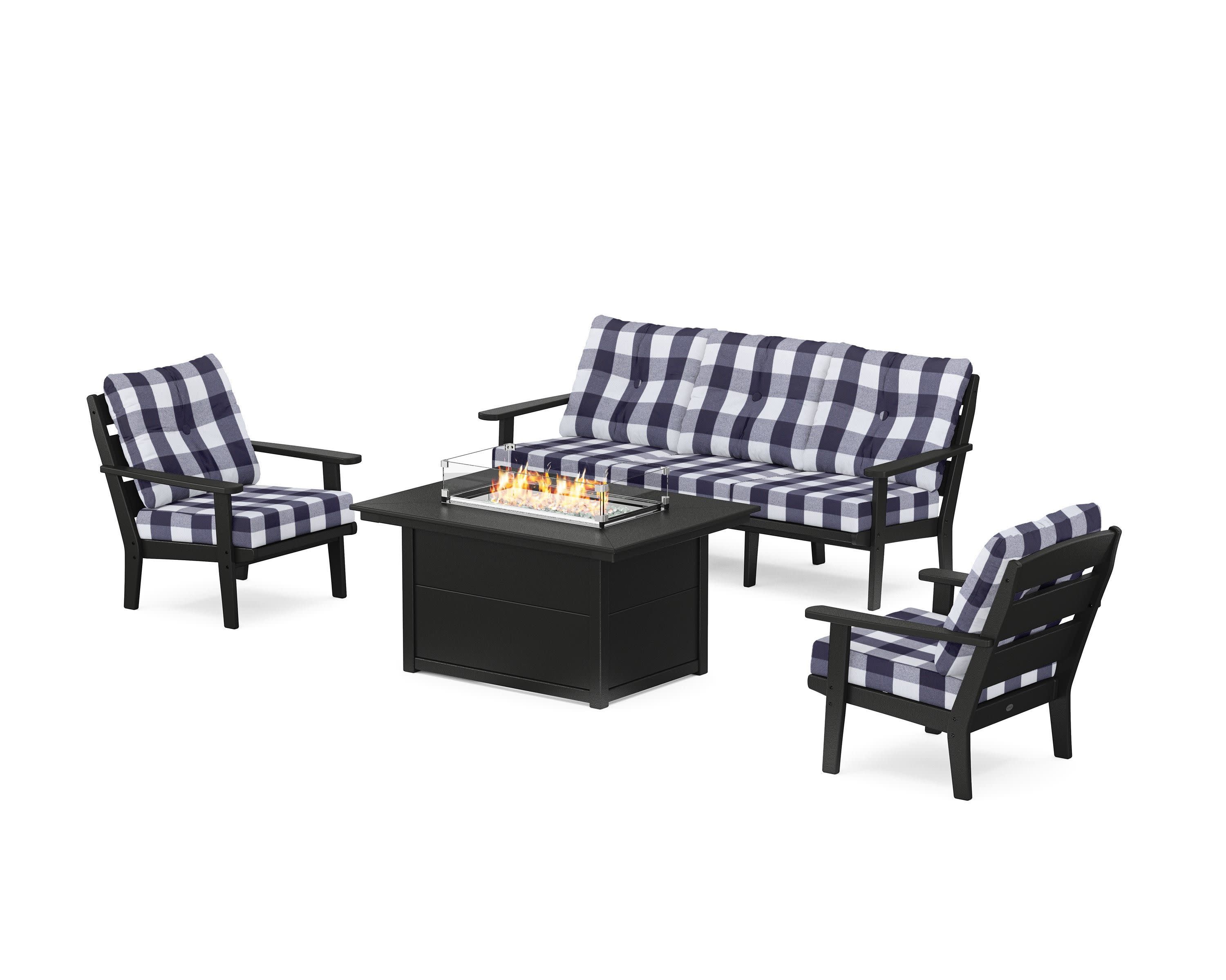 Lakeside Deep Seating Fire Pit Table Set in Black / Buffalo Plaid Navy