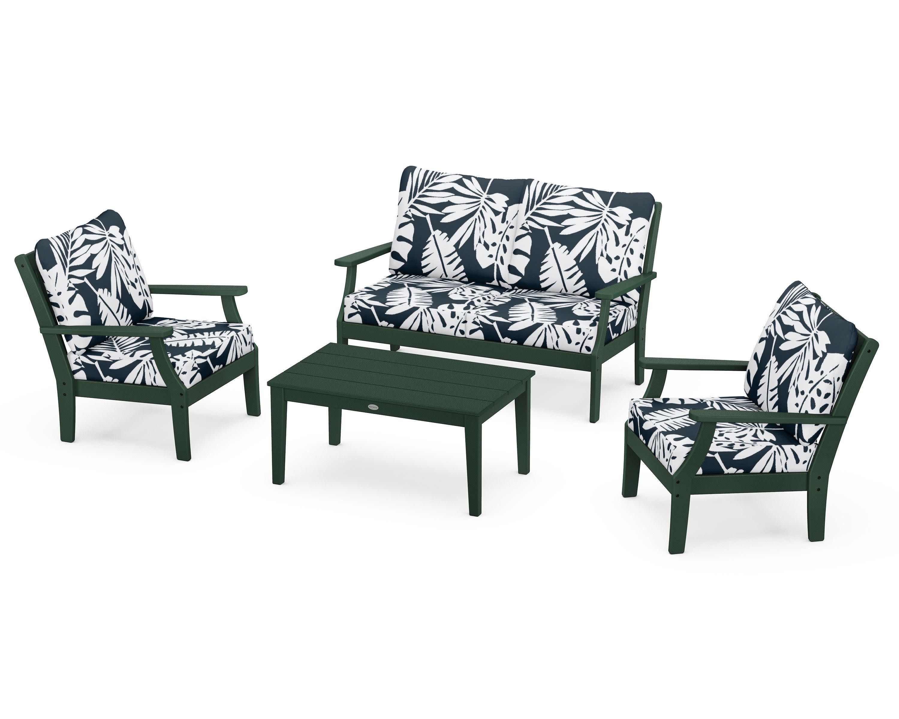 Braxton 4-Piece Deep Seating Chair Set in Green / Leaf Marine Indigo
