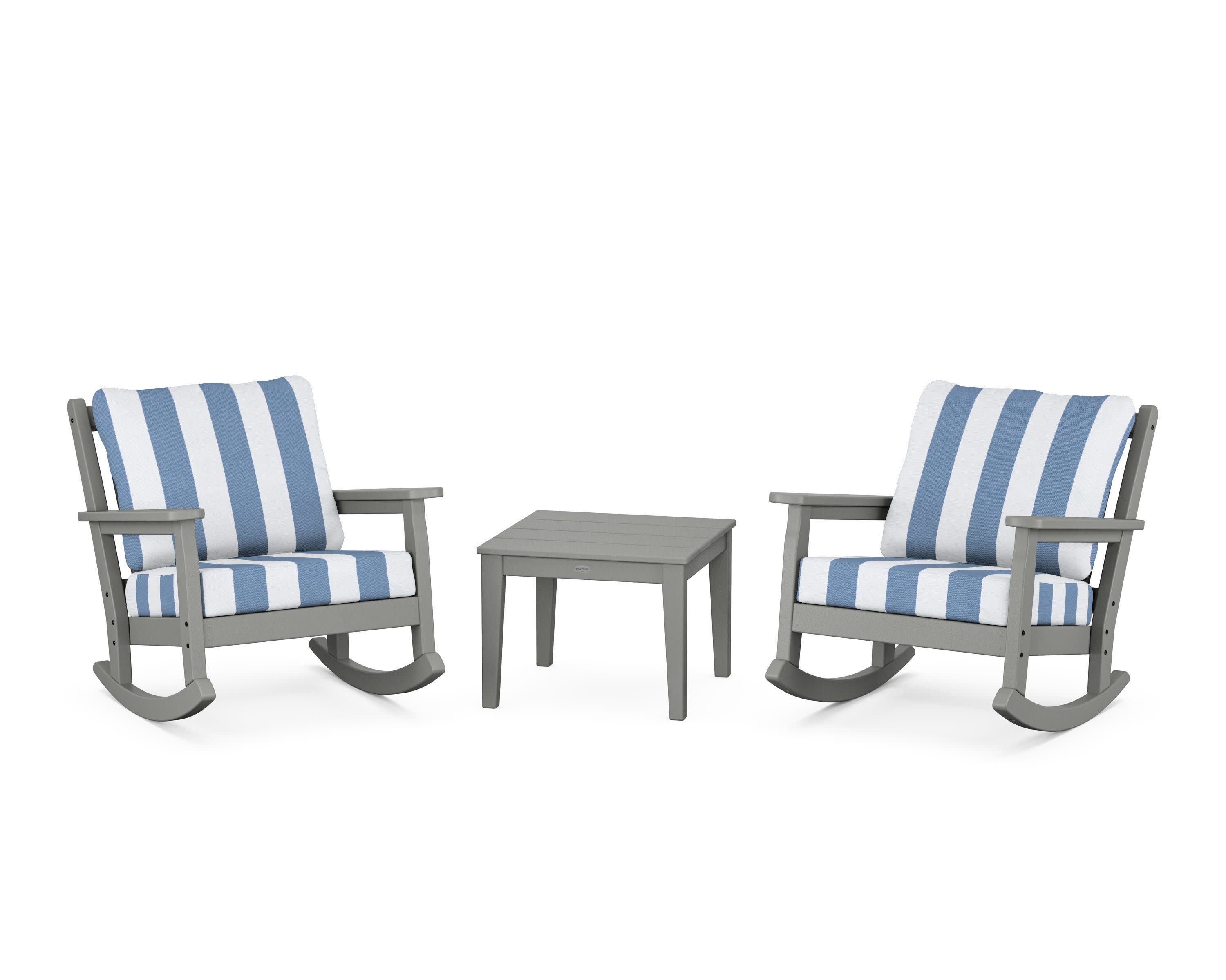 Chippendale 3-Piece Deep Seating Rocker Set in Slate Grey / Cabana Stripe Sky Blue