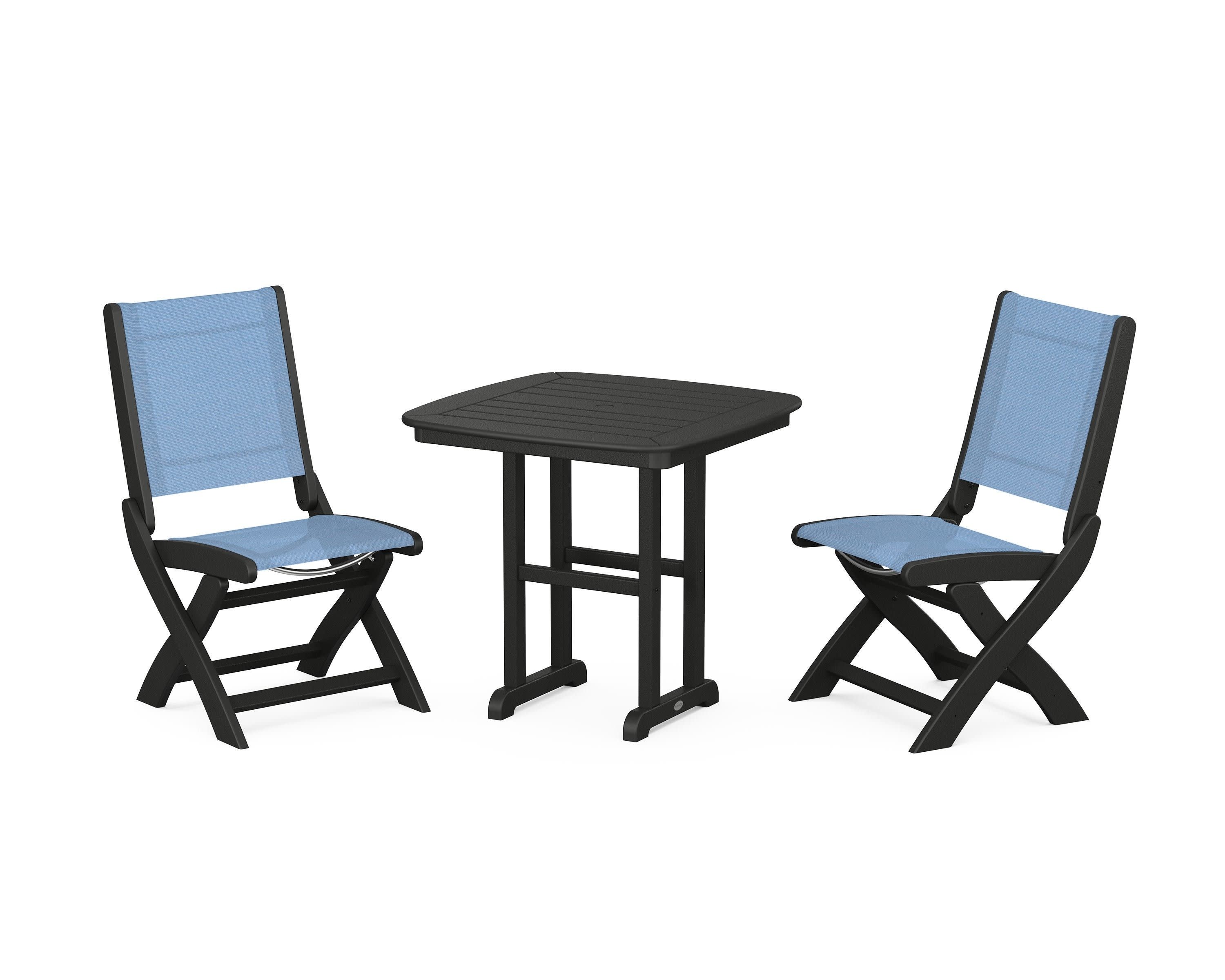 Coastal Folding Side Chair 3-Piece Dining Set in Black / Poolside Sling