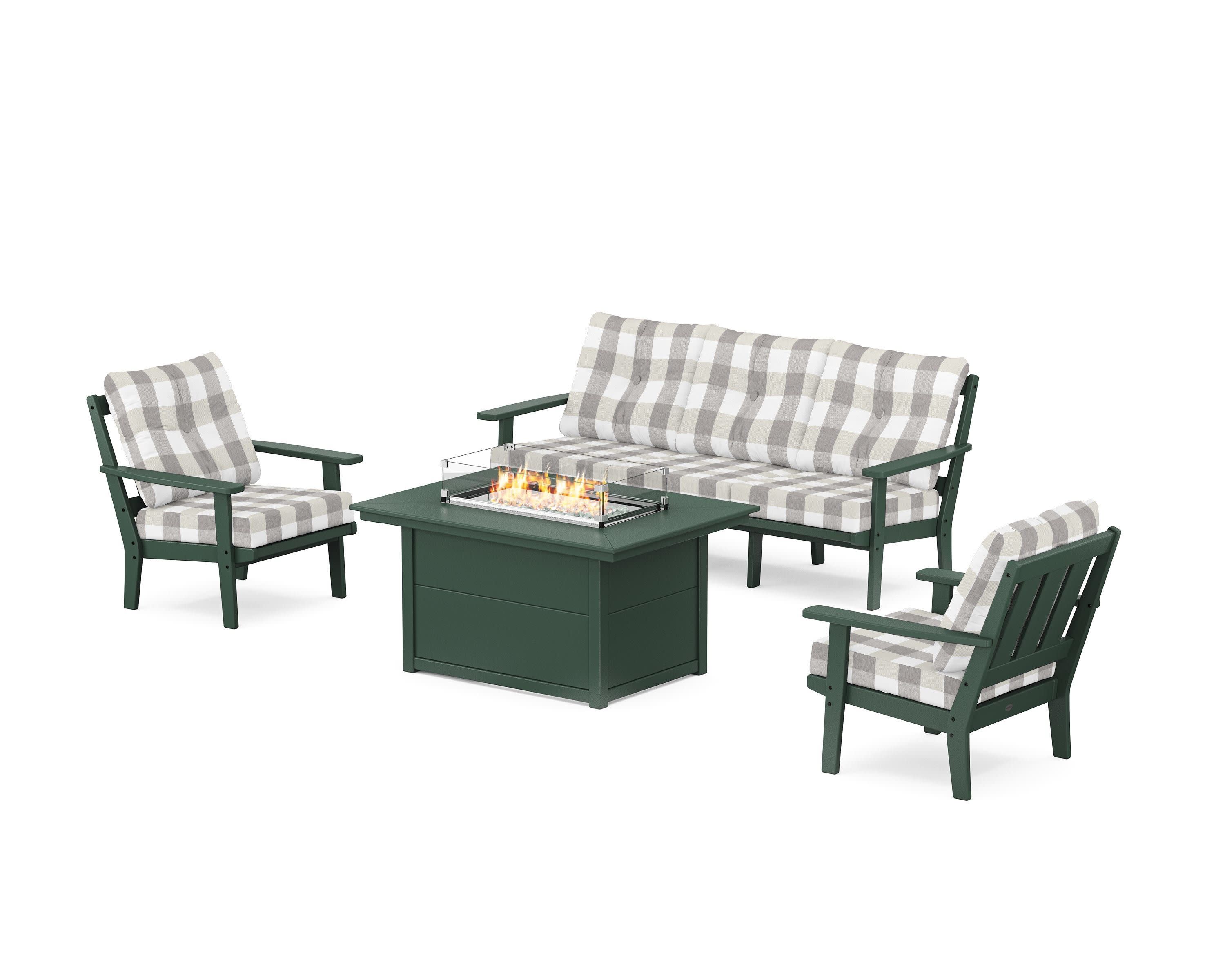Oxford Deep Seating Fire Pit Table Set in Green / Buffalo Plaid Grey Mist