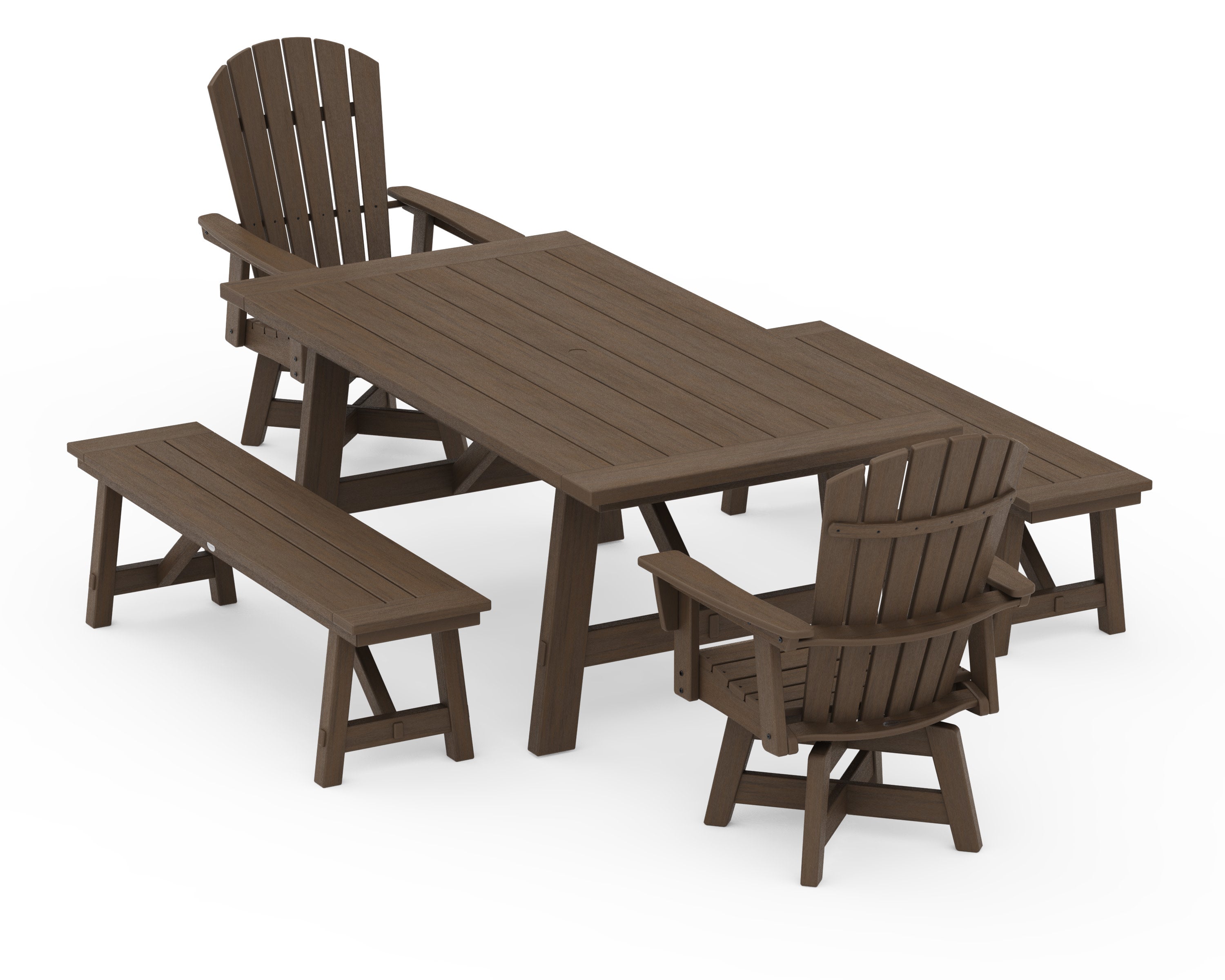 Nautical Curveback Adirondack Swivel Chair 5-Piece Rustic Farmhouse Dining Set With Benches in Kona
