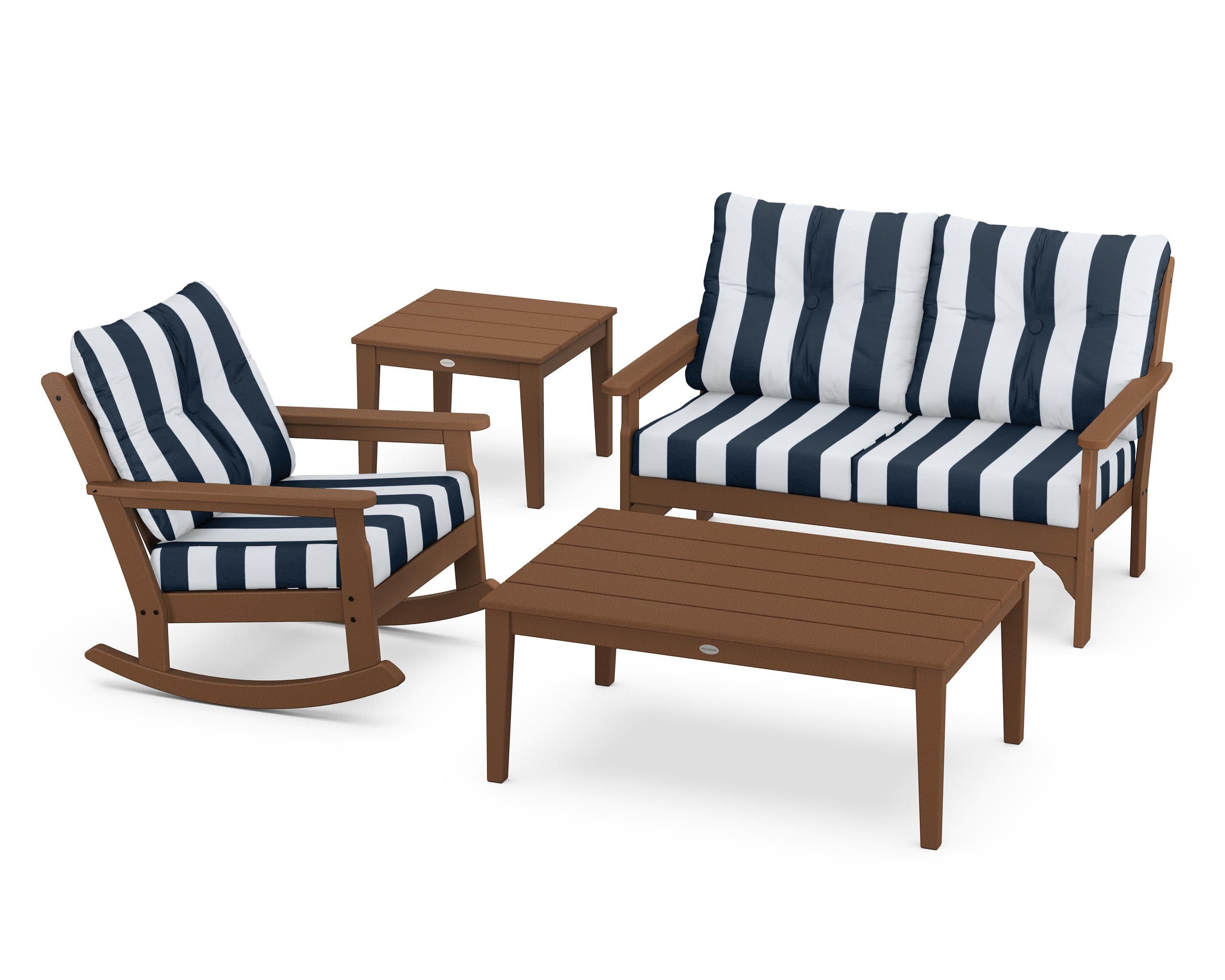 Vineyard 4-Piece Deep Seating Rocker Set in Teak / Cabana Stripe Marine Indigo