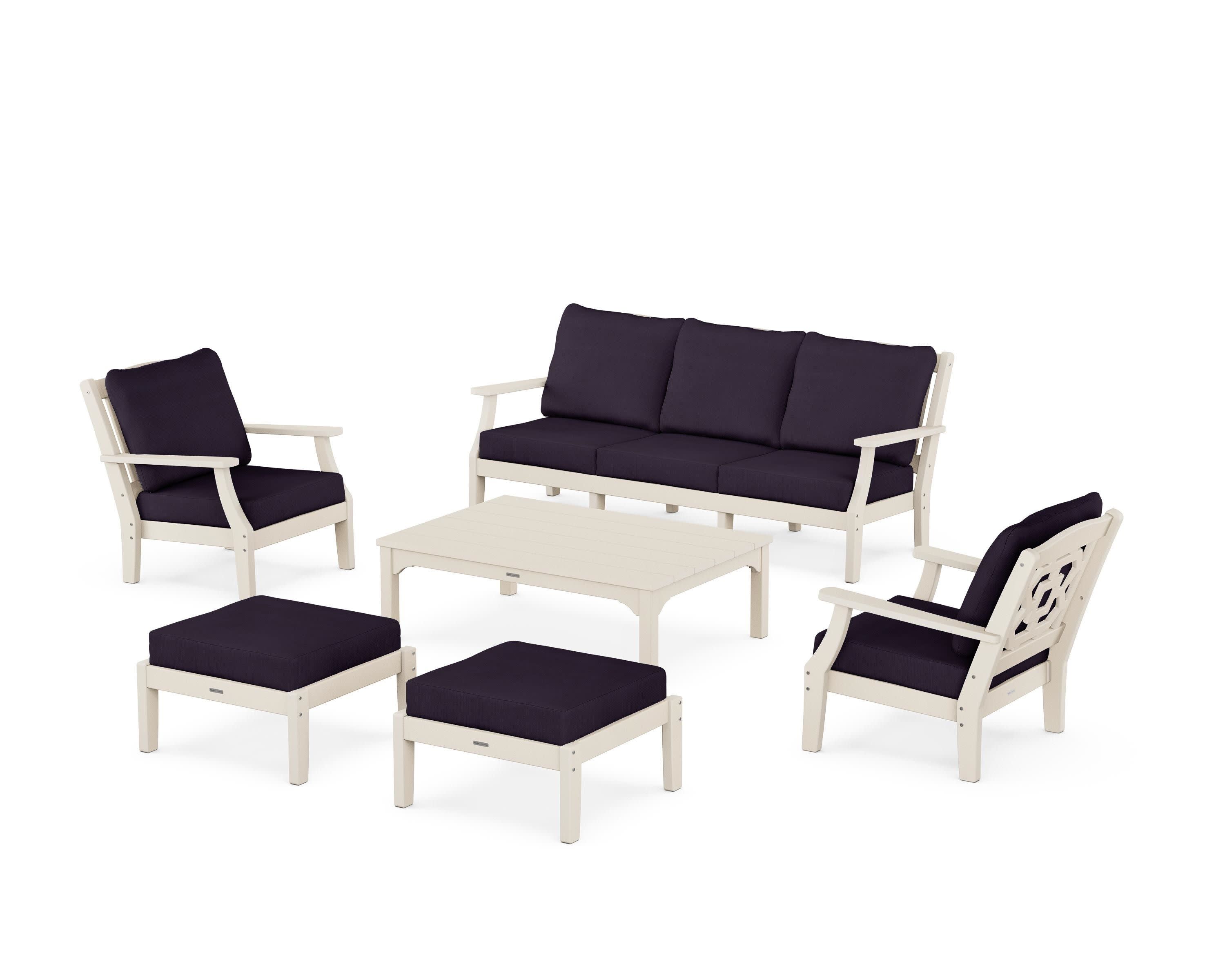 Chinoiserie 6-Piece Lounge Sofa Set in Sand / Navy Linen