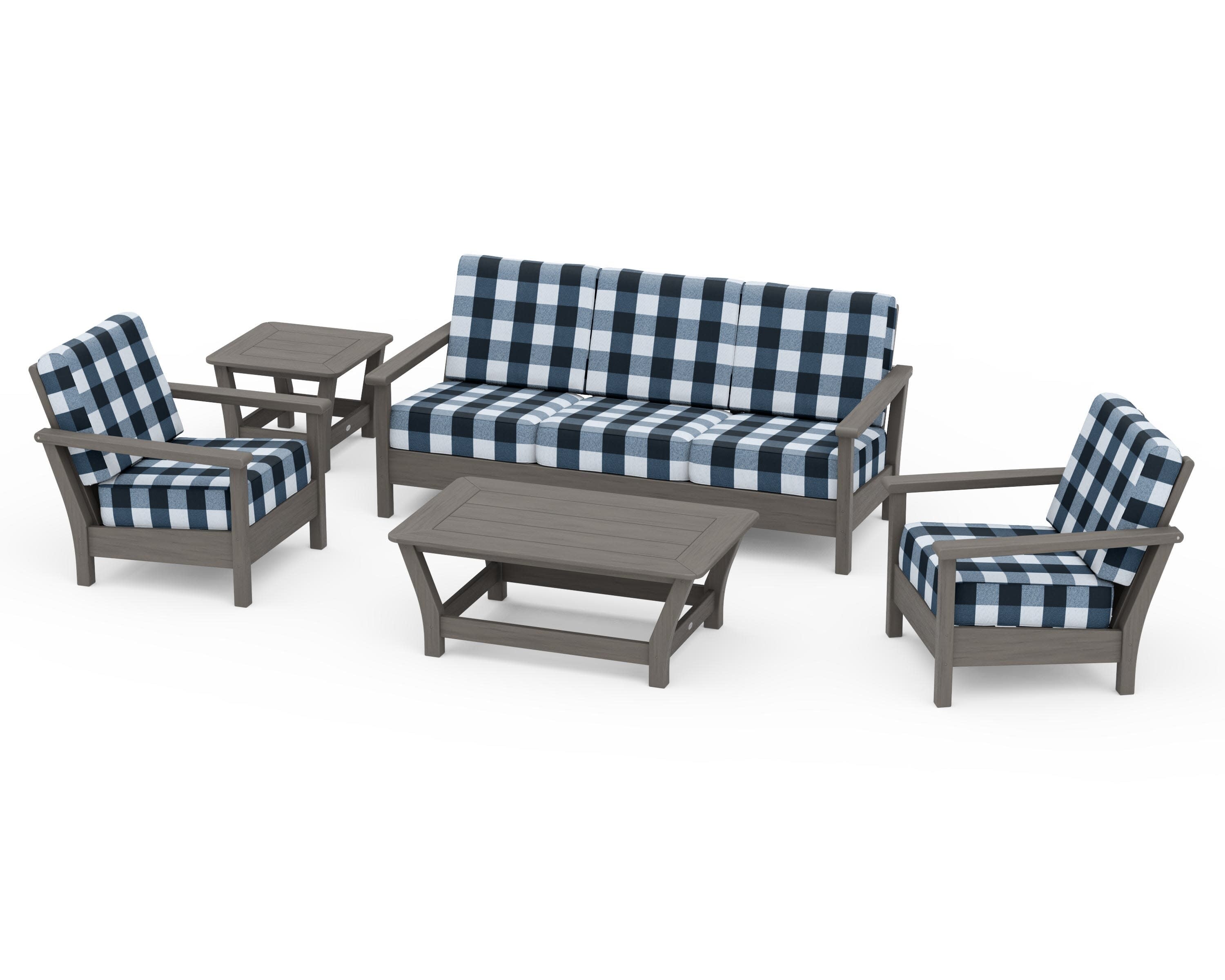 Harbour 5-Piece Deep Seating Set in Driftwood / Buffalo Plaid Marine Indigo