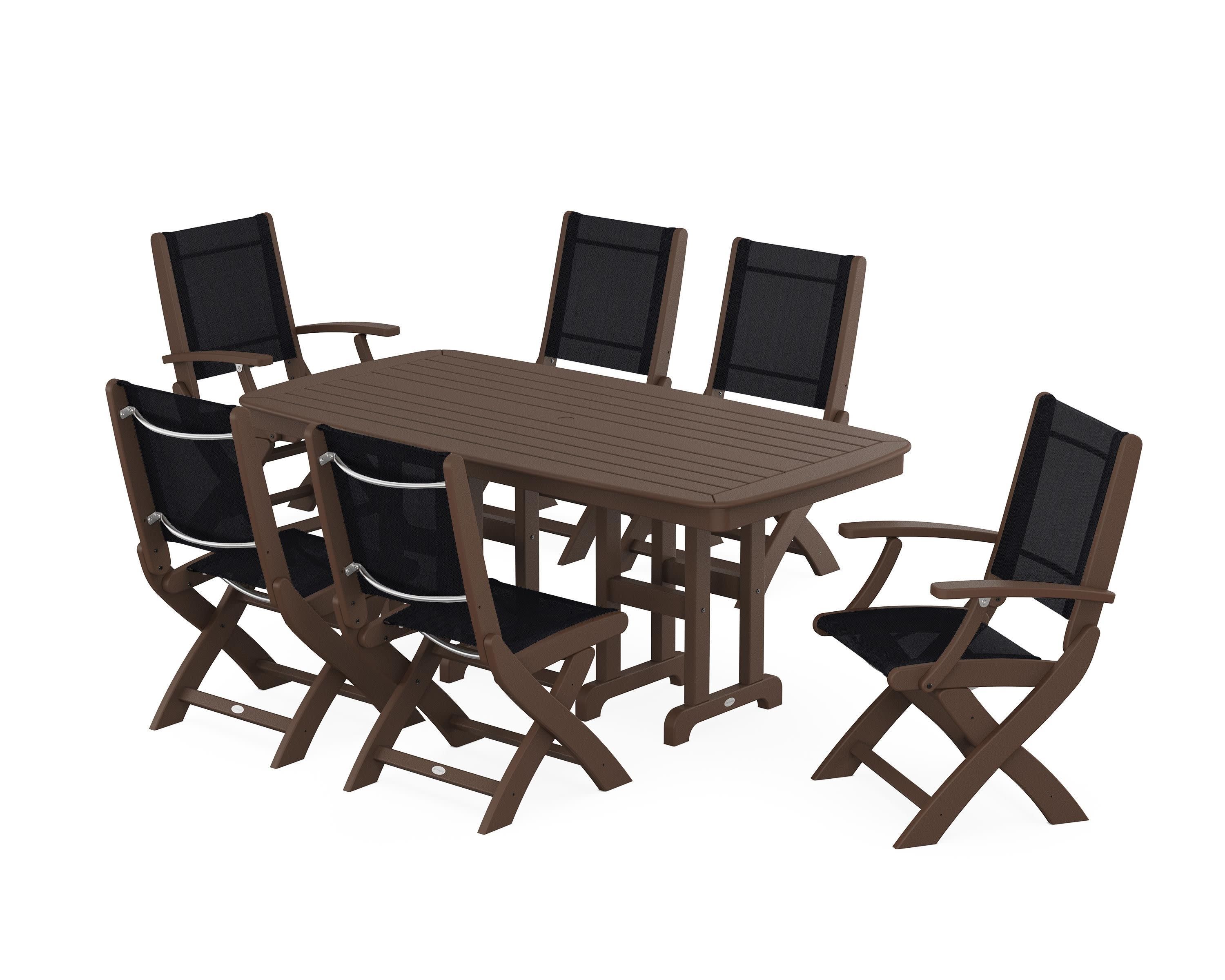 Coastal Folding Chair 7-Piece Dining Set in Mahogany / Black Sling