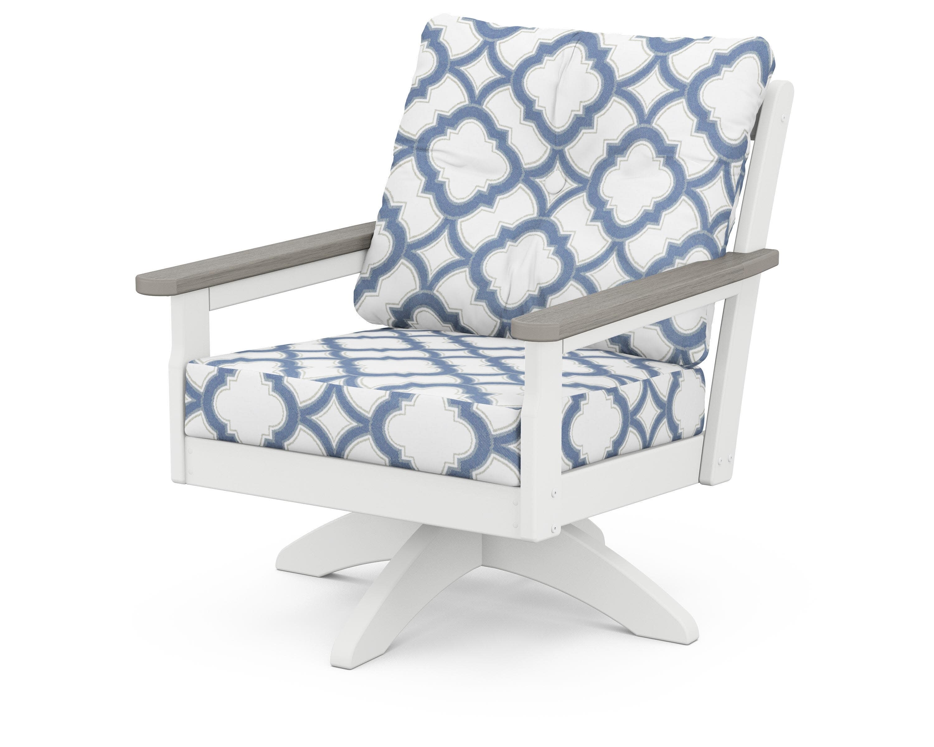 Vineyard Deep Seating Swivel Chair in White / Driftwood / Trellis Sky Blue