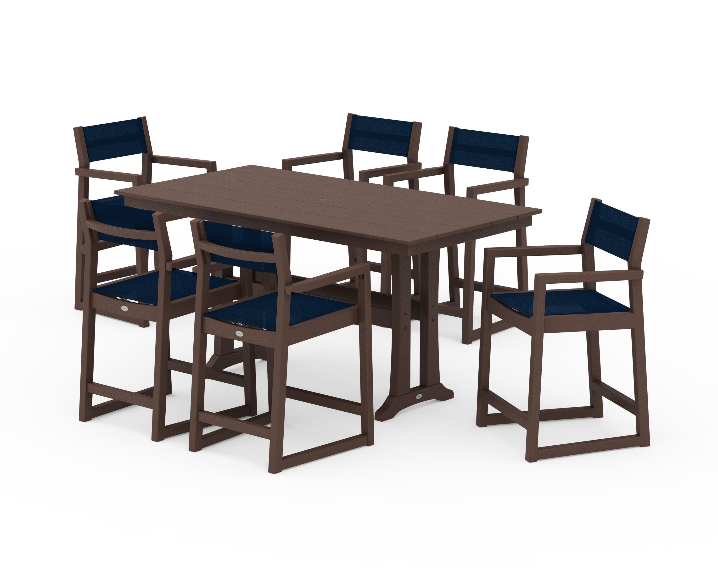 EDGE Sling Arm Chair 7-Piece Farmhouse Counter Set with Trestle Legs in Mahogany / Navy Blue Sling