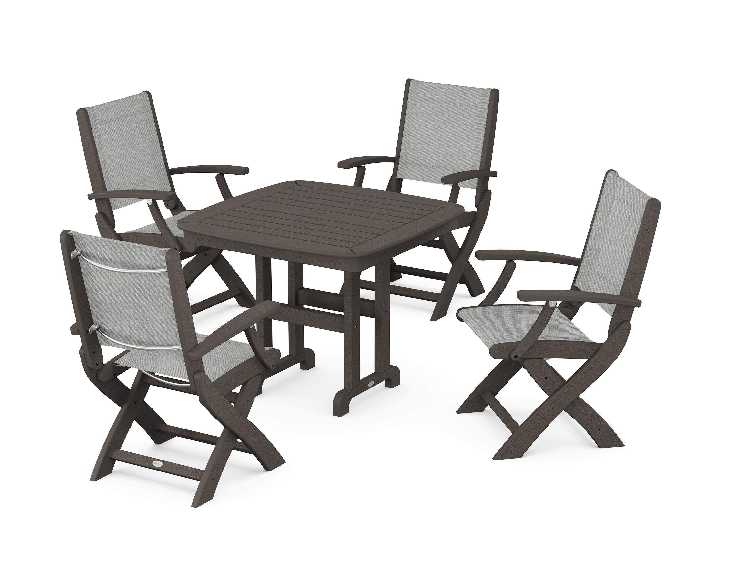 Coastal Folding Chair 5-Piece Dining Set in Vintage Coffee / Metallic Sling