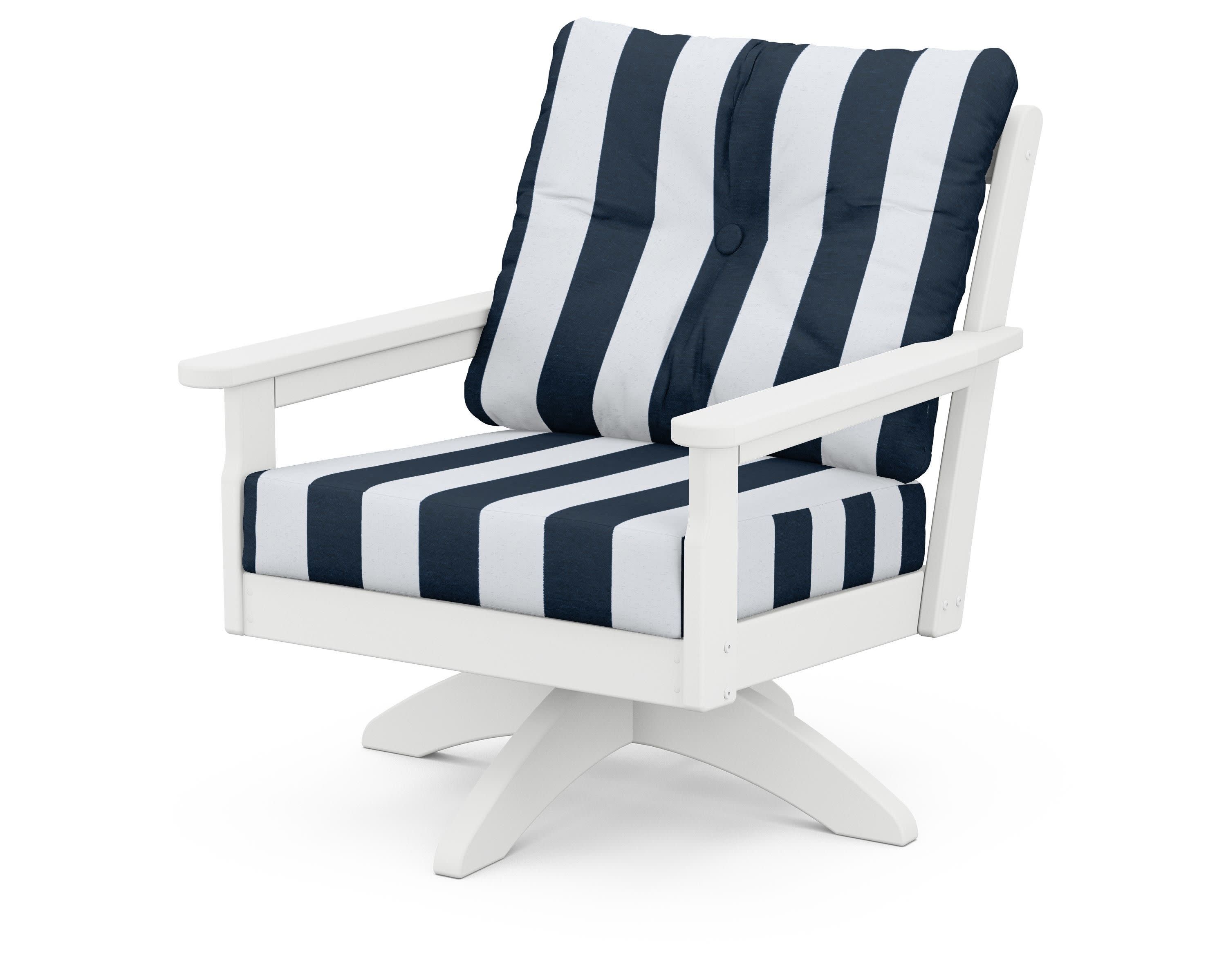 Vineyard Deep Seating Swivel Chair in White / Cabana Stripe Marine Indigo