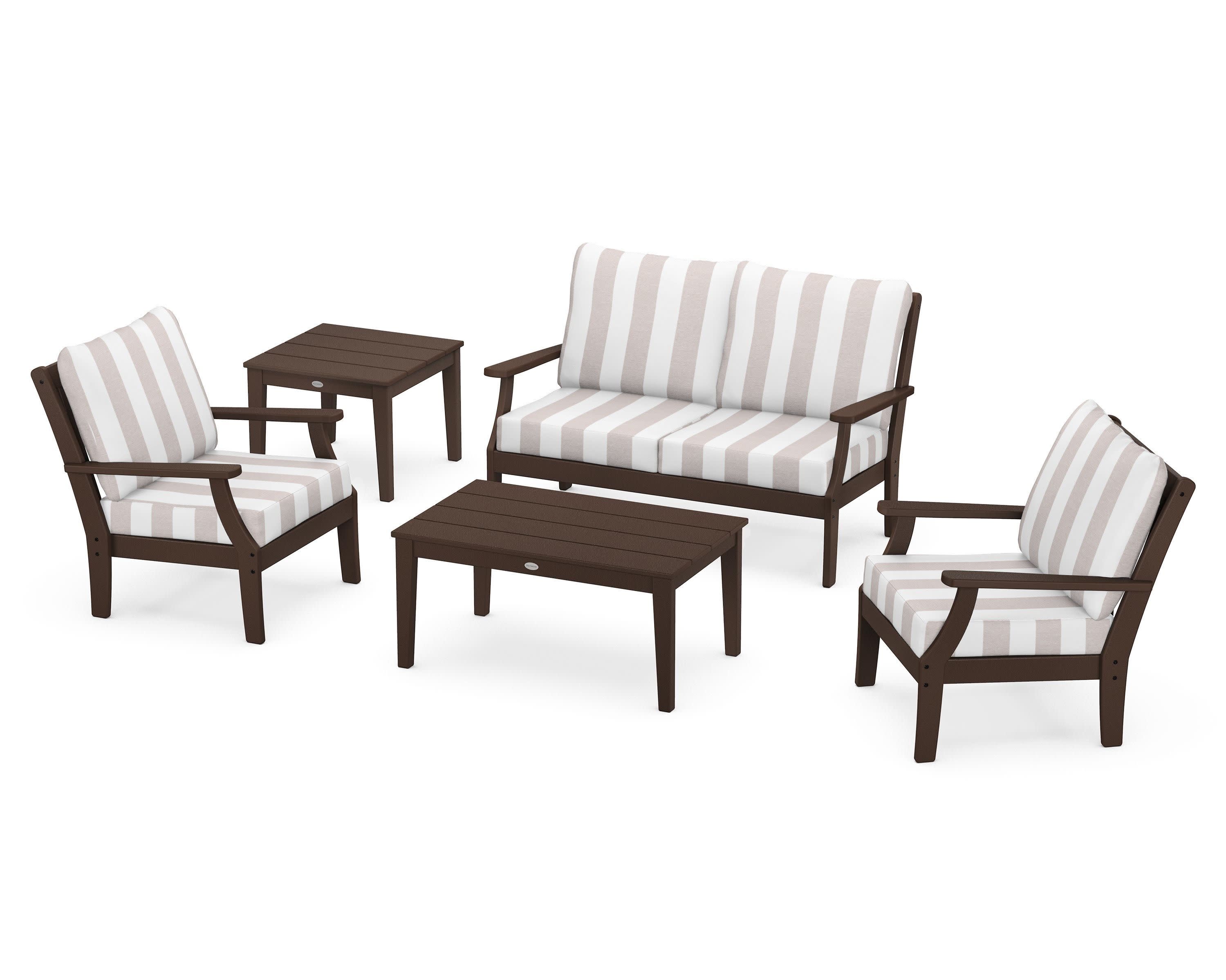 Braxton 5-Piece Deep Seating Set in Mahogany / Cabana Stripe Dune Burlap