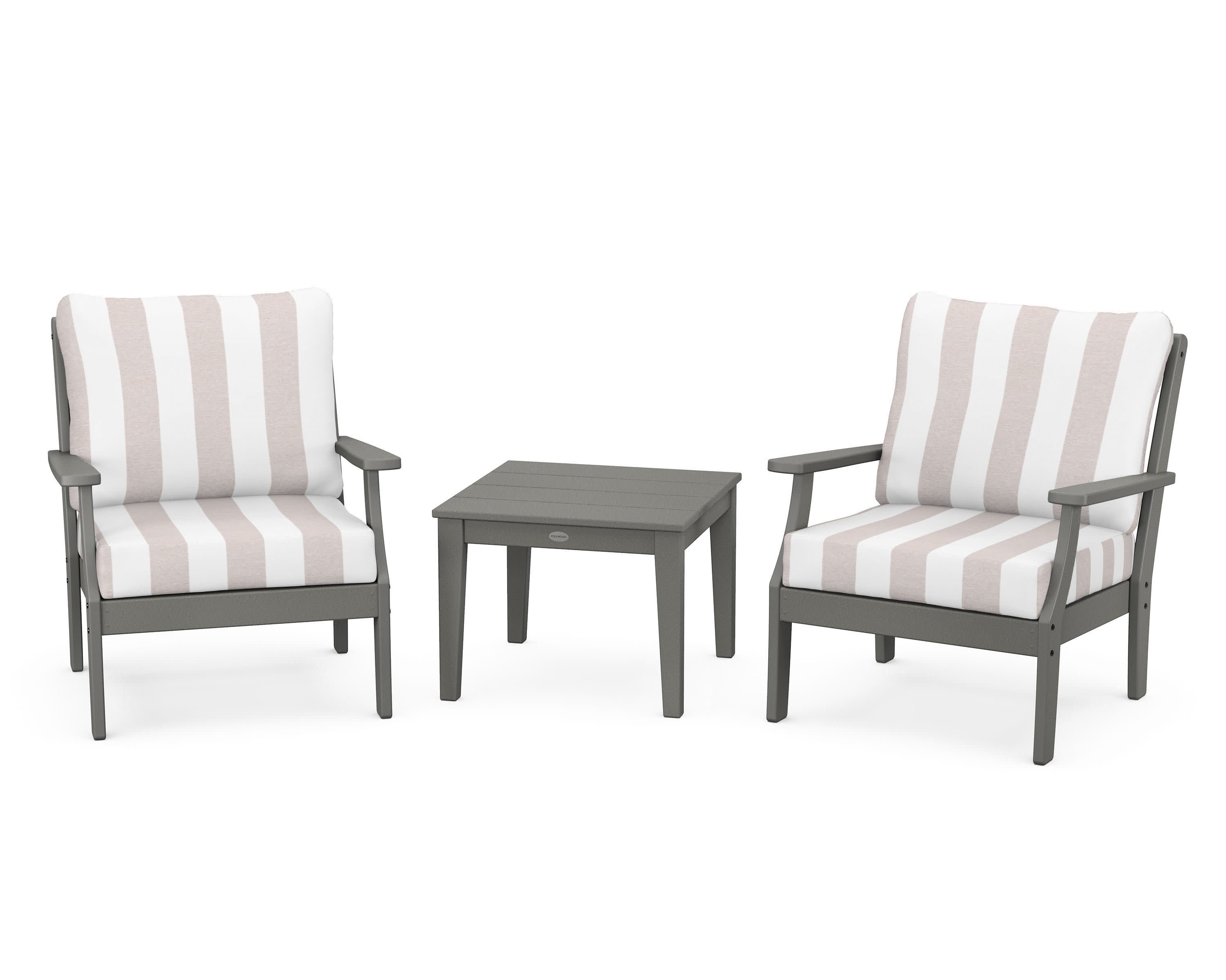 Braxton 3-Piece Deep Seating Set in Slate Grey / Cabana Stripe Dune Burlap