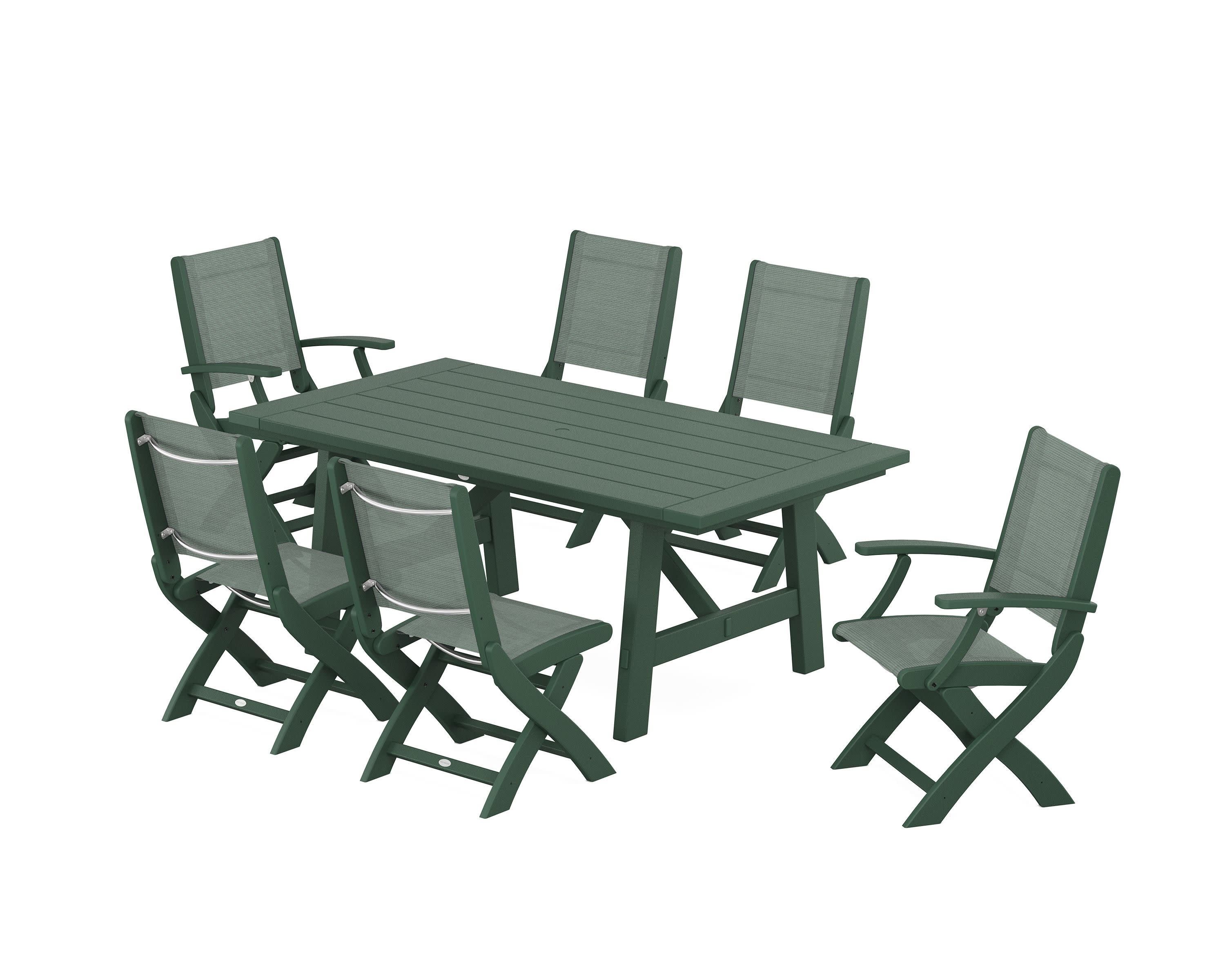 Coastal Folding Chair 7-Piece Rustic Farmhouse Dining Set in Green / Dupioni Sea Mist Sling