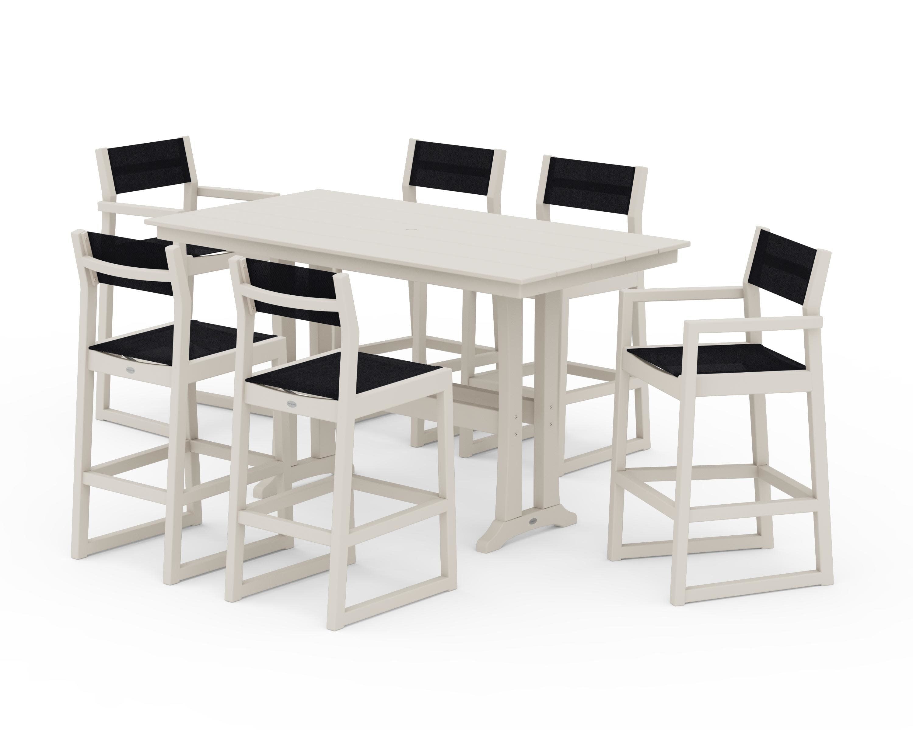 EDGE Sling 7-Piece Farmhouse Bar Set with Trestle Legs in Sand / Black Sling
