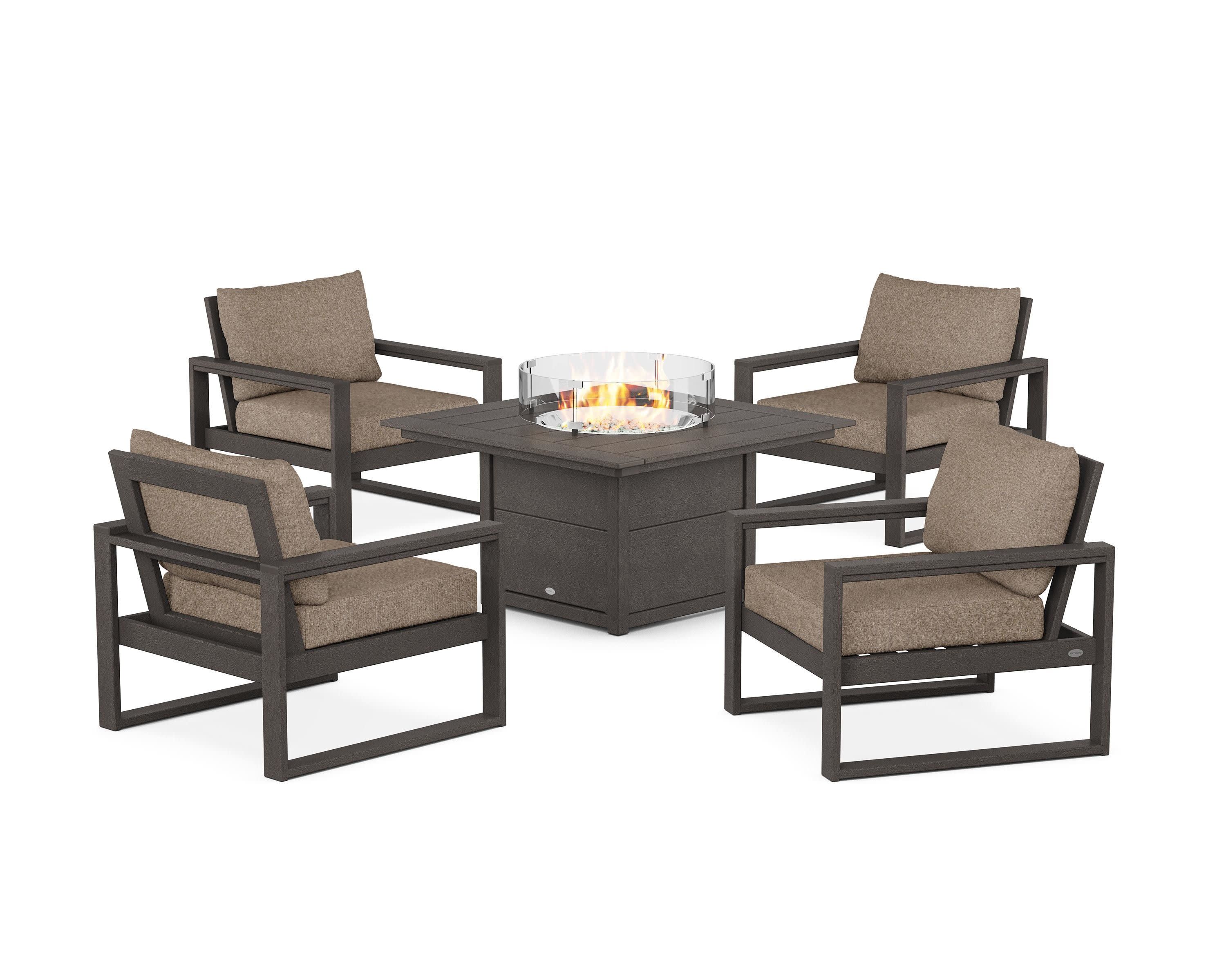 EDGE Sectional 5-Piece Deep Seating Set with Fire Pit Table in Vintage Coffee / Spiced Burlap