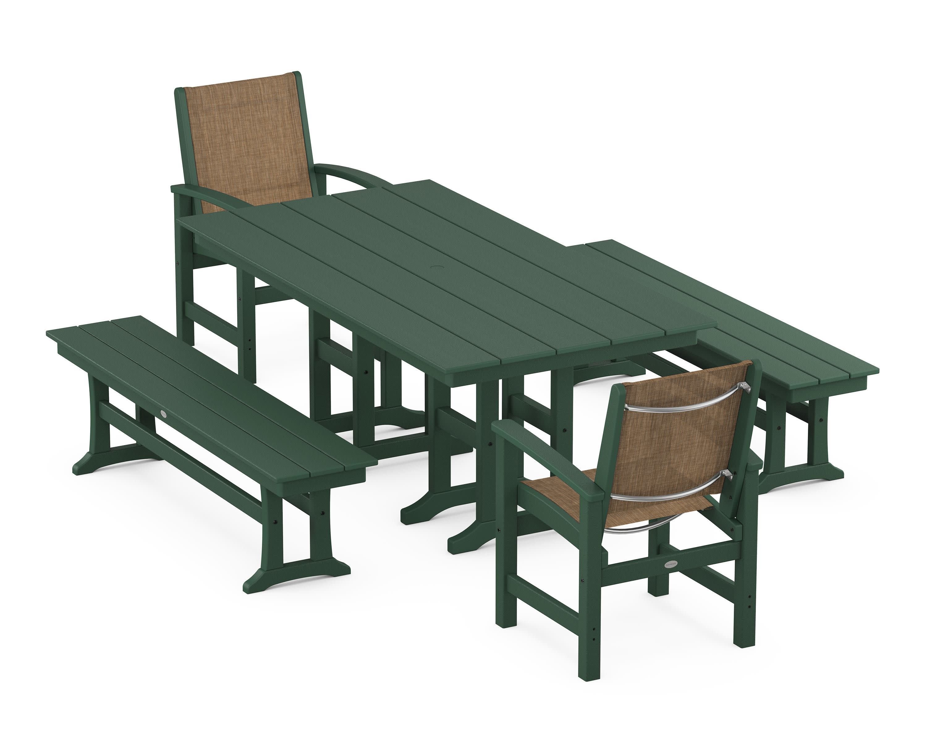 Coastal 5-Piece Farmhouse Dining Set in Green / Burlap Sling