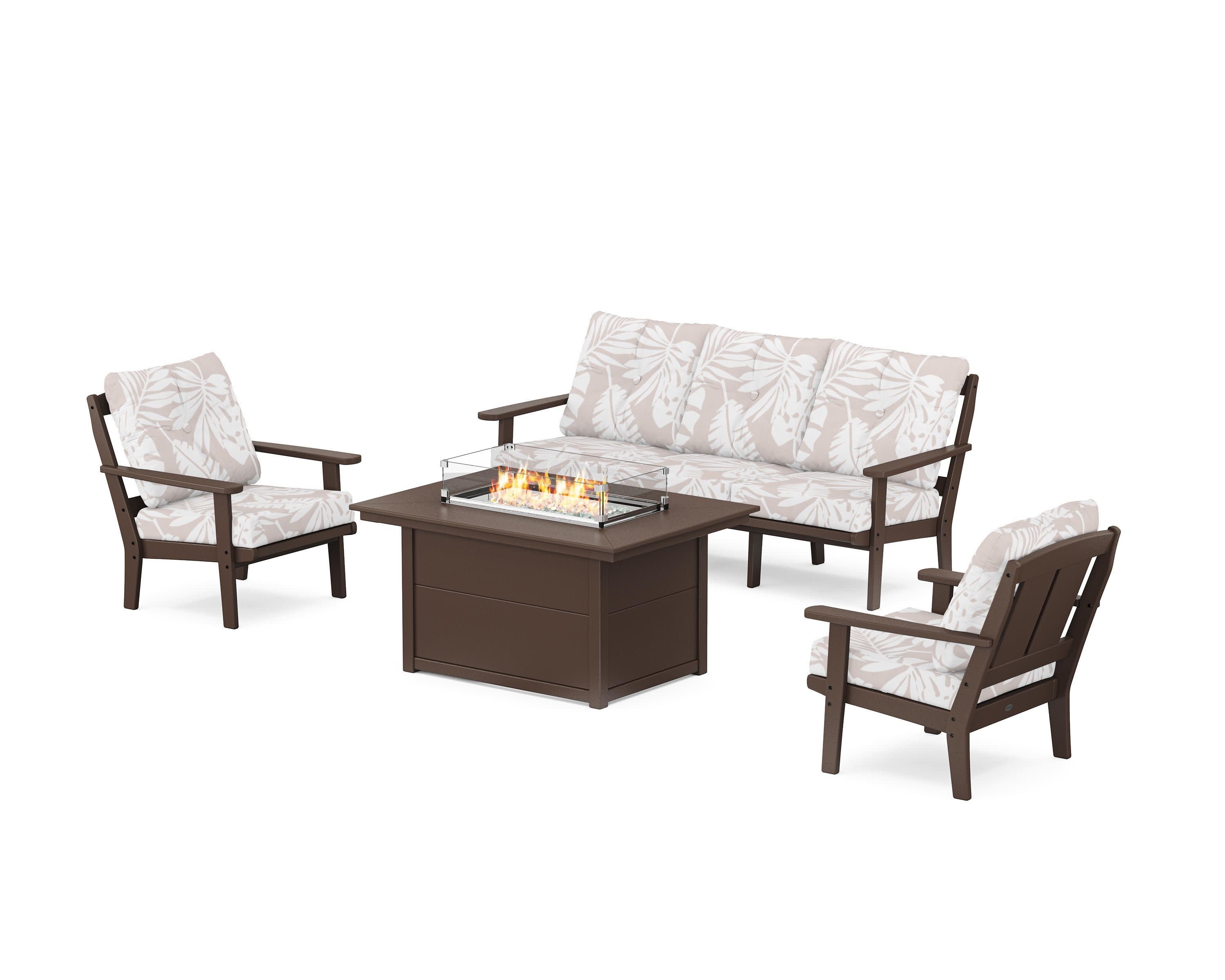 Mission Deep Seating Fire Pit Table Set in Mahogany / Leaf Dune Burlap