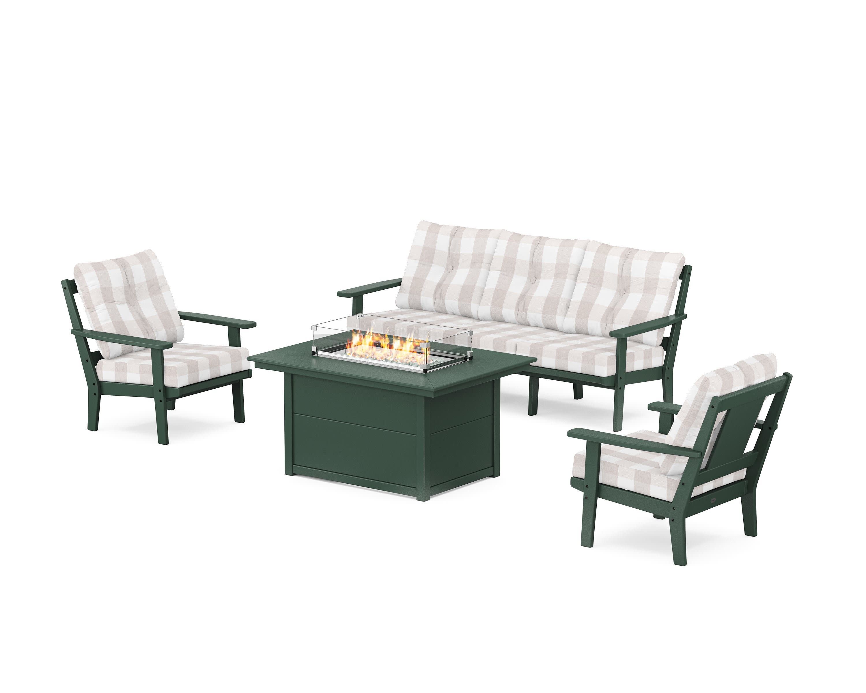 Prairie Deep Seating Fire Pit Table Set in Green / Buffalo Plaid Dune Burlap