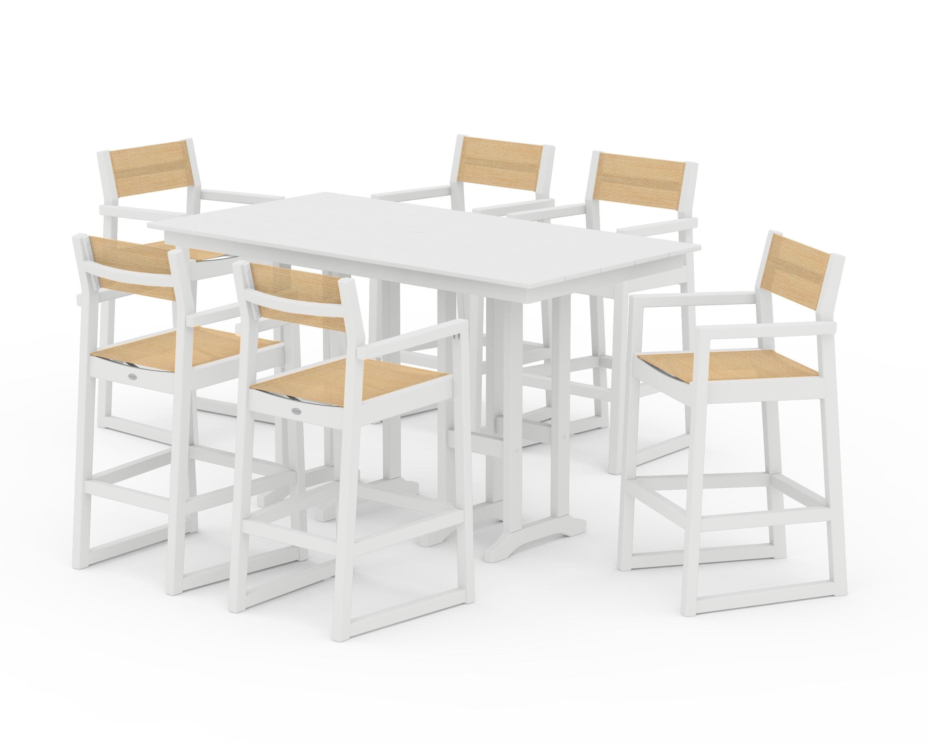 EDGE Sling Arm Chair 7-Piece Farmhouse Bar Set in White / Dupioni Apricot Sling