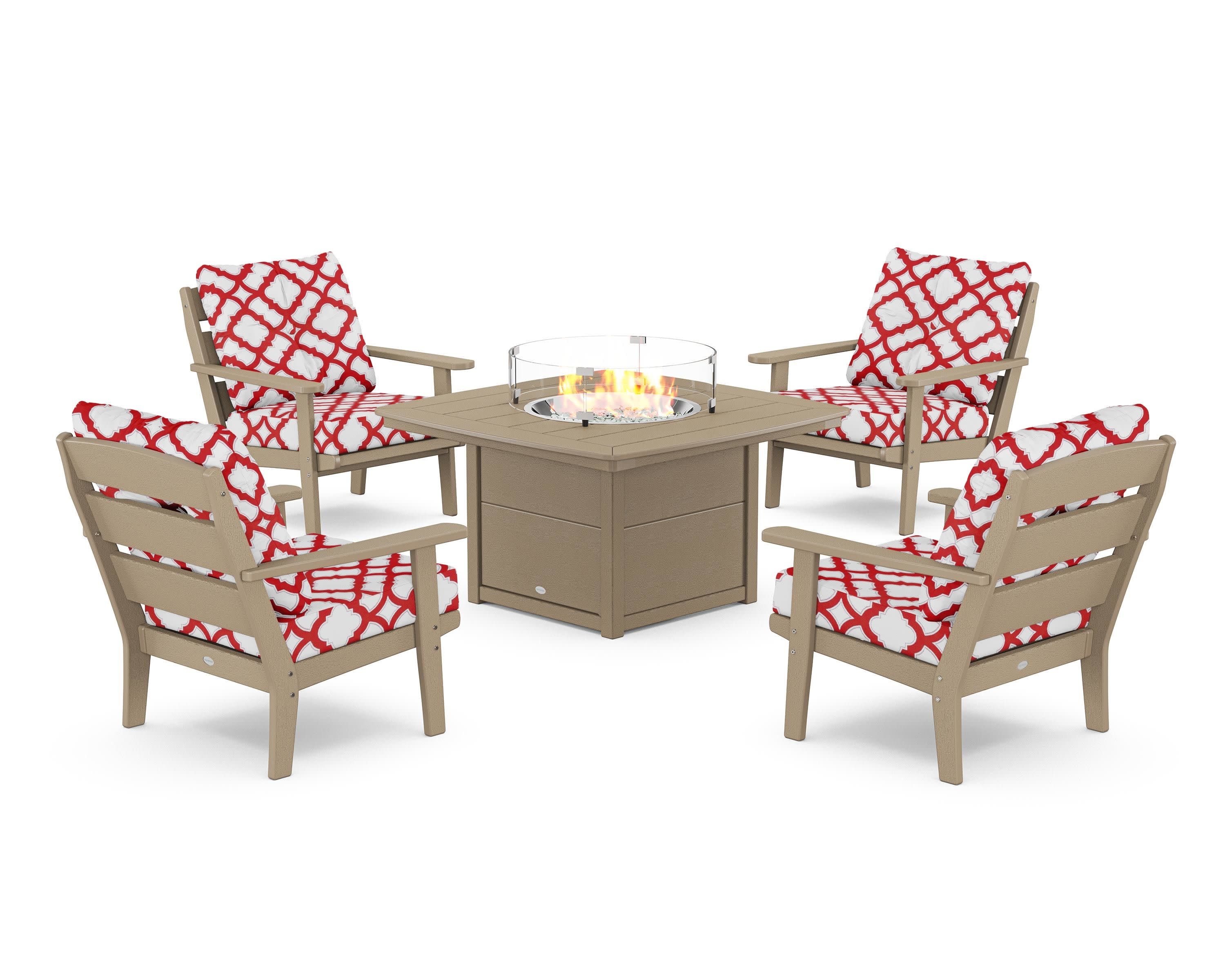 Lakeside 5-Piece Deep Seating Set with Nautical Fire Pit Table in Vintage Sahara / Trellis Crimson