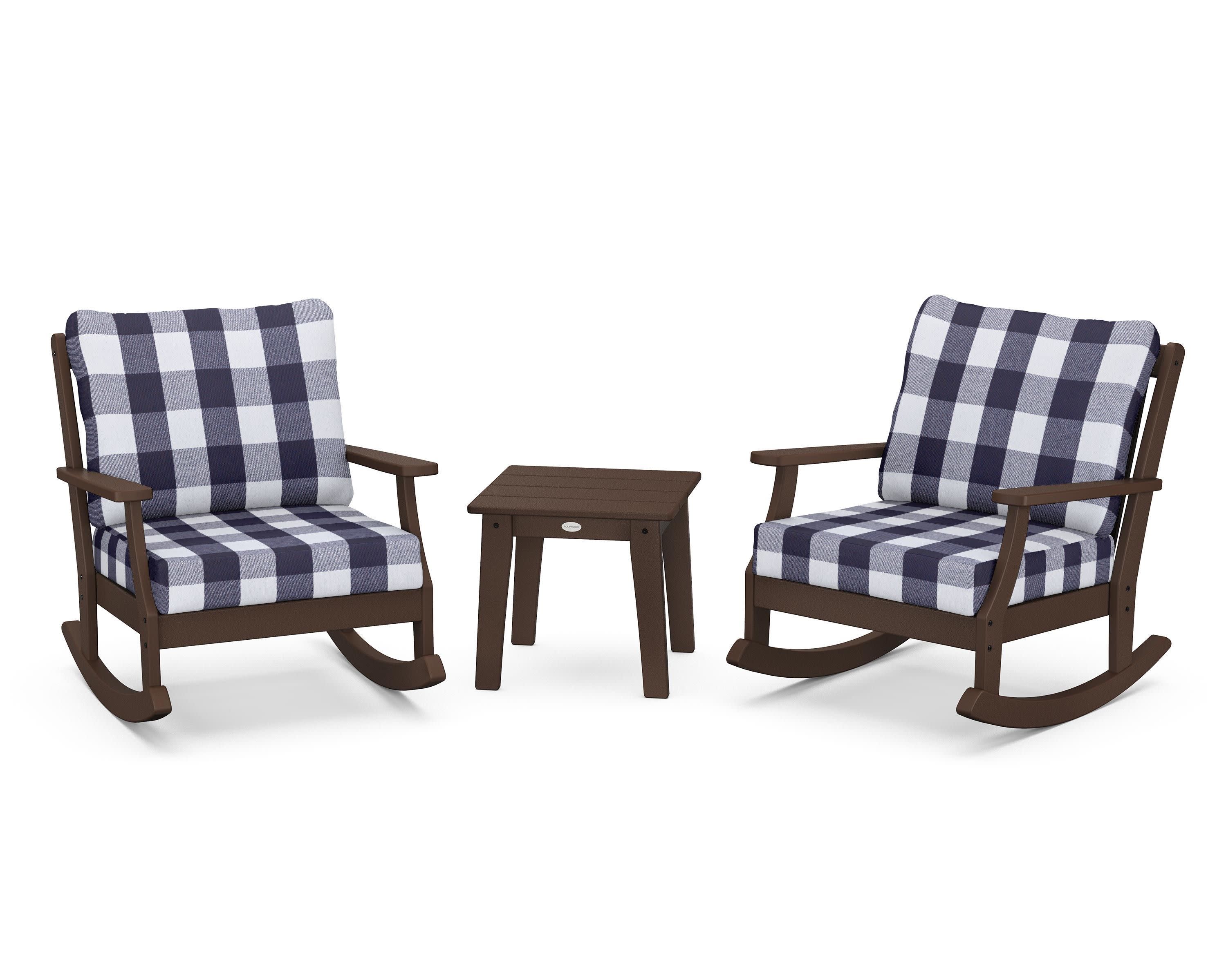 Braxton 3-Piece Deep Seating Rocker Set in Mahogany / Buffalo Plaid Navy