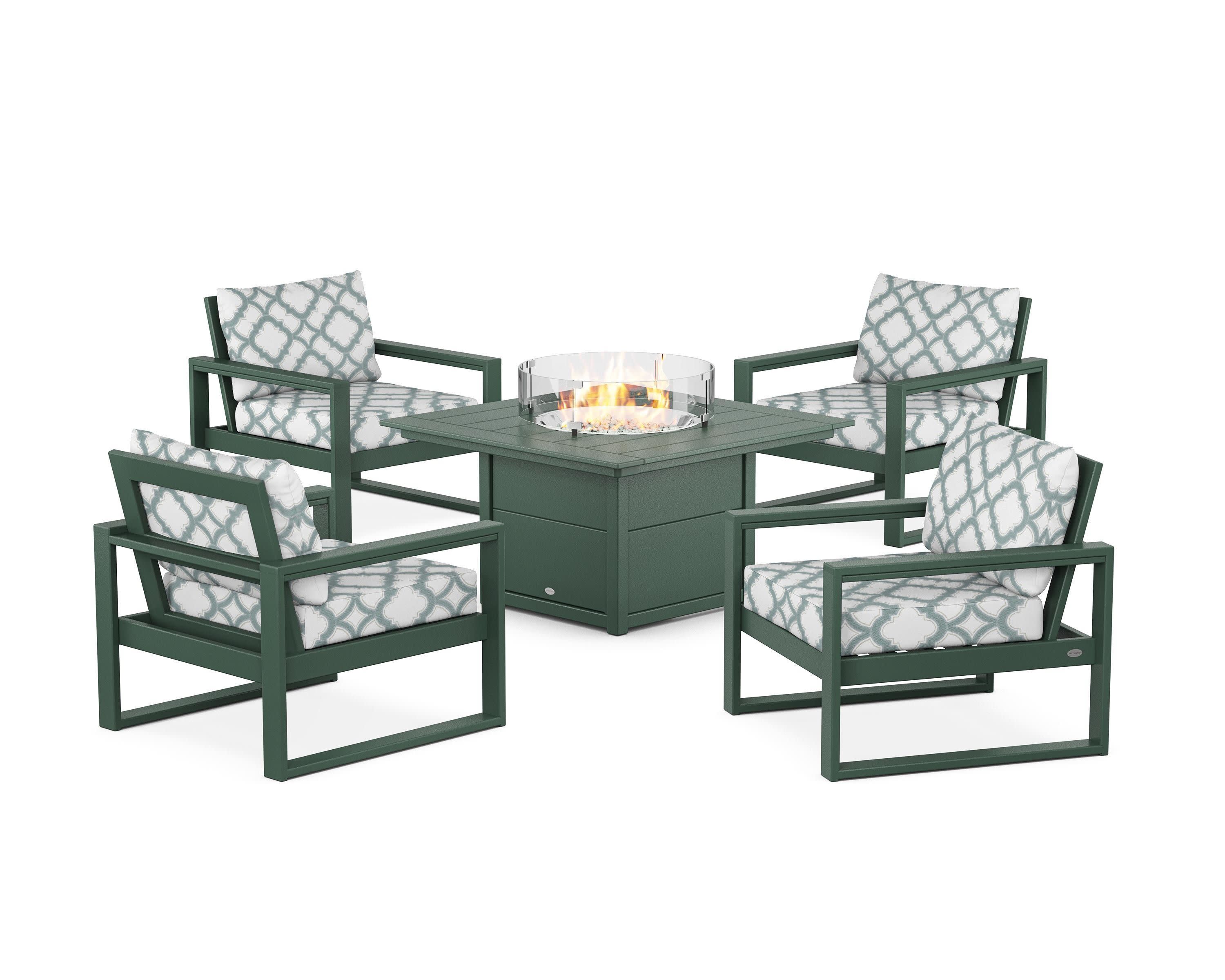 EDGE Sectional 5-Piece Deep Seating Set with Fire Pit Table in Green / Trellis Glacier Spa