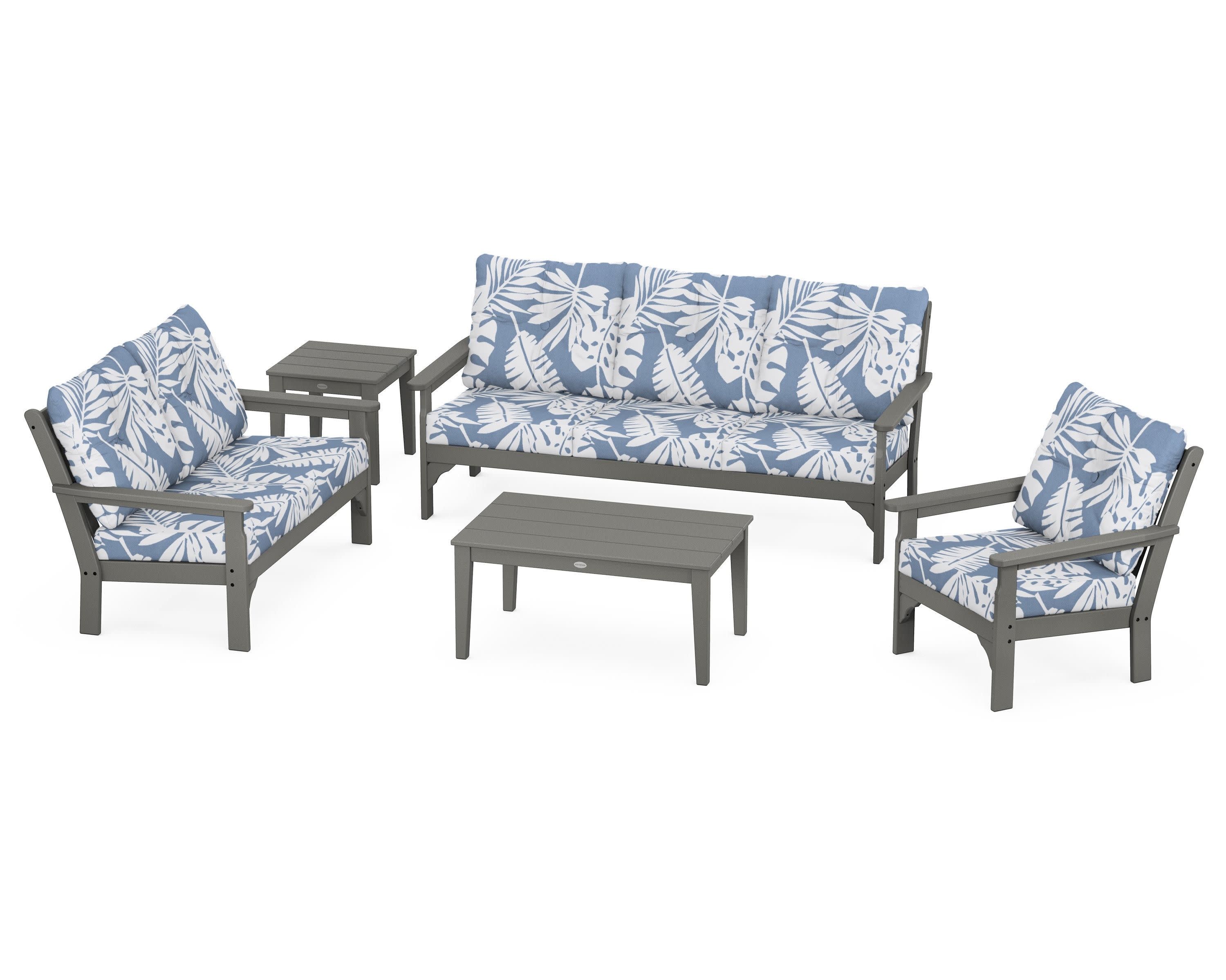 Vineyard 5 Piece Deep Seating Set in Slate Grey / Leaf Sky Blue