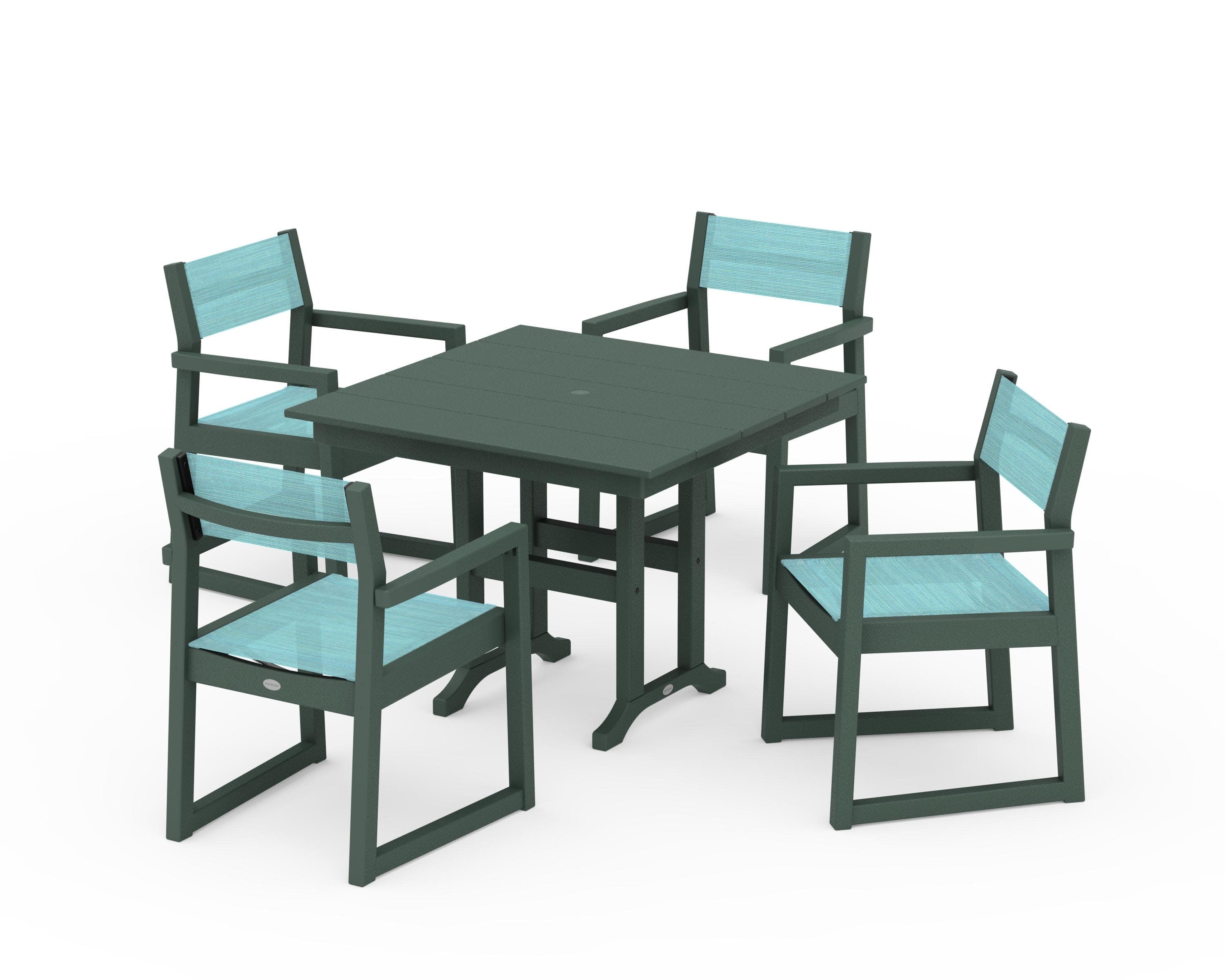 EDGE Sling Arm Chair 5-Piece Farmhouse Dining Set in Green / Dupioni Aquamarine Sling