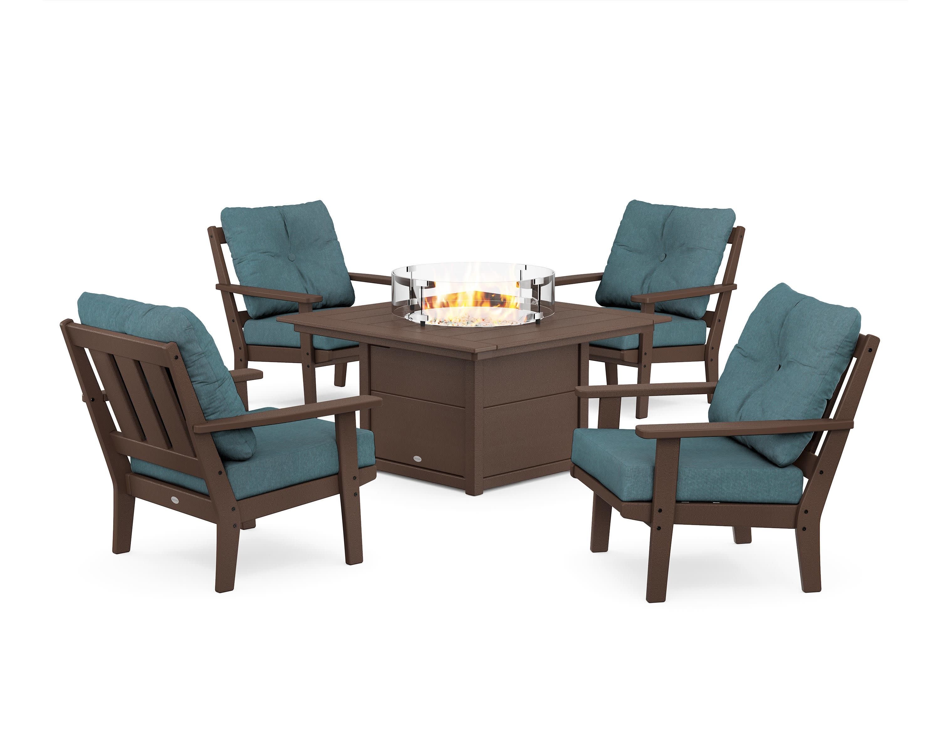 Oxford 5-Piece Deep Seating Set with Fire Pit Table in Mahogany / Ocean Teal