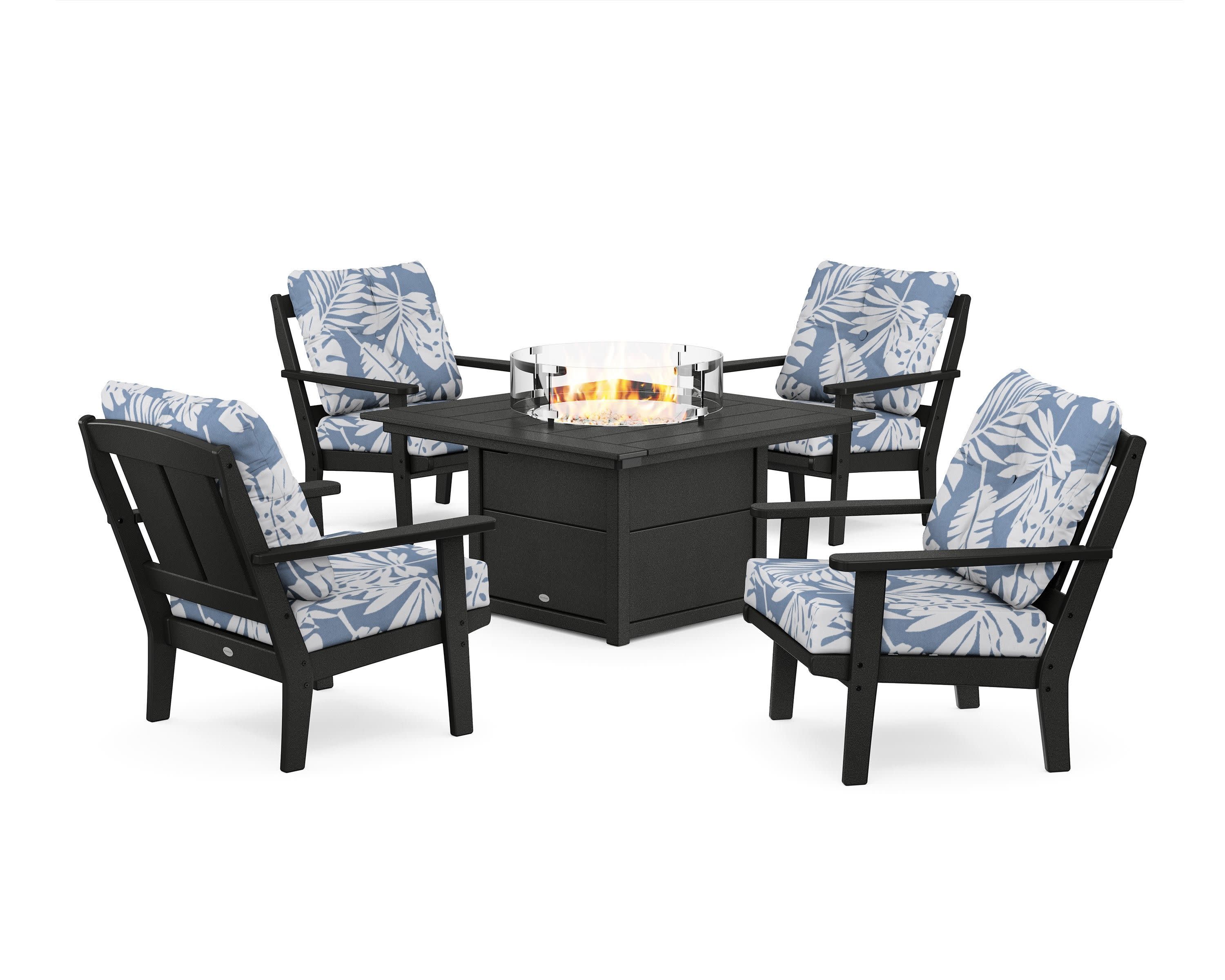 Mission 5-Piece Deep Seating Set with Fire Pit Table in Black / Leaf Sky Blue