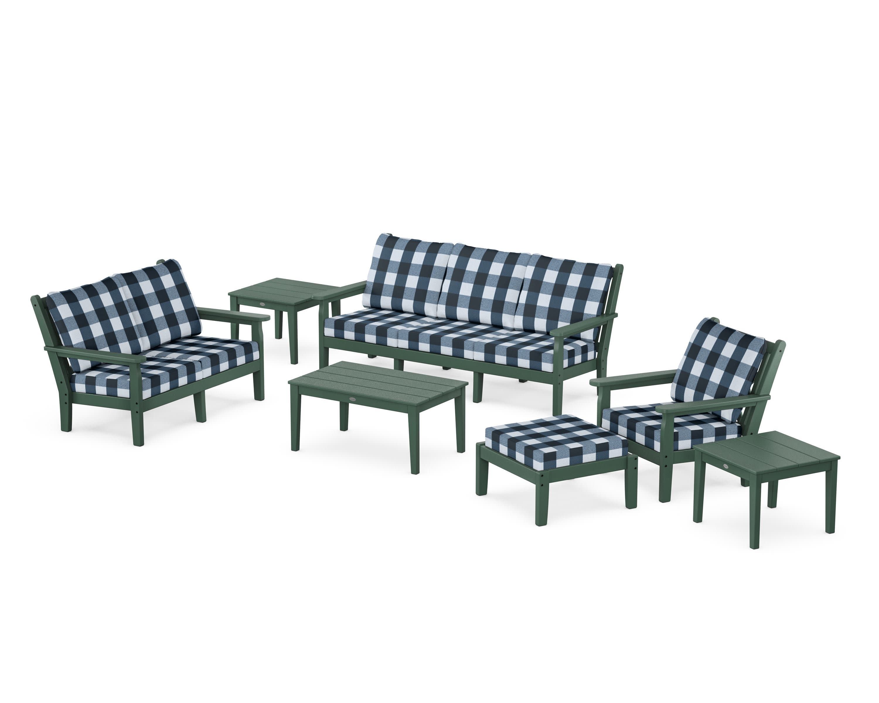 Chippendale 7-Piece Deep Seating Set in Green / Buffalo Plaid Marine Indigo