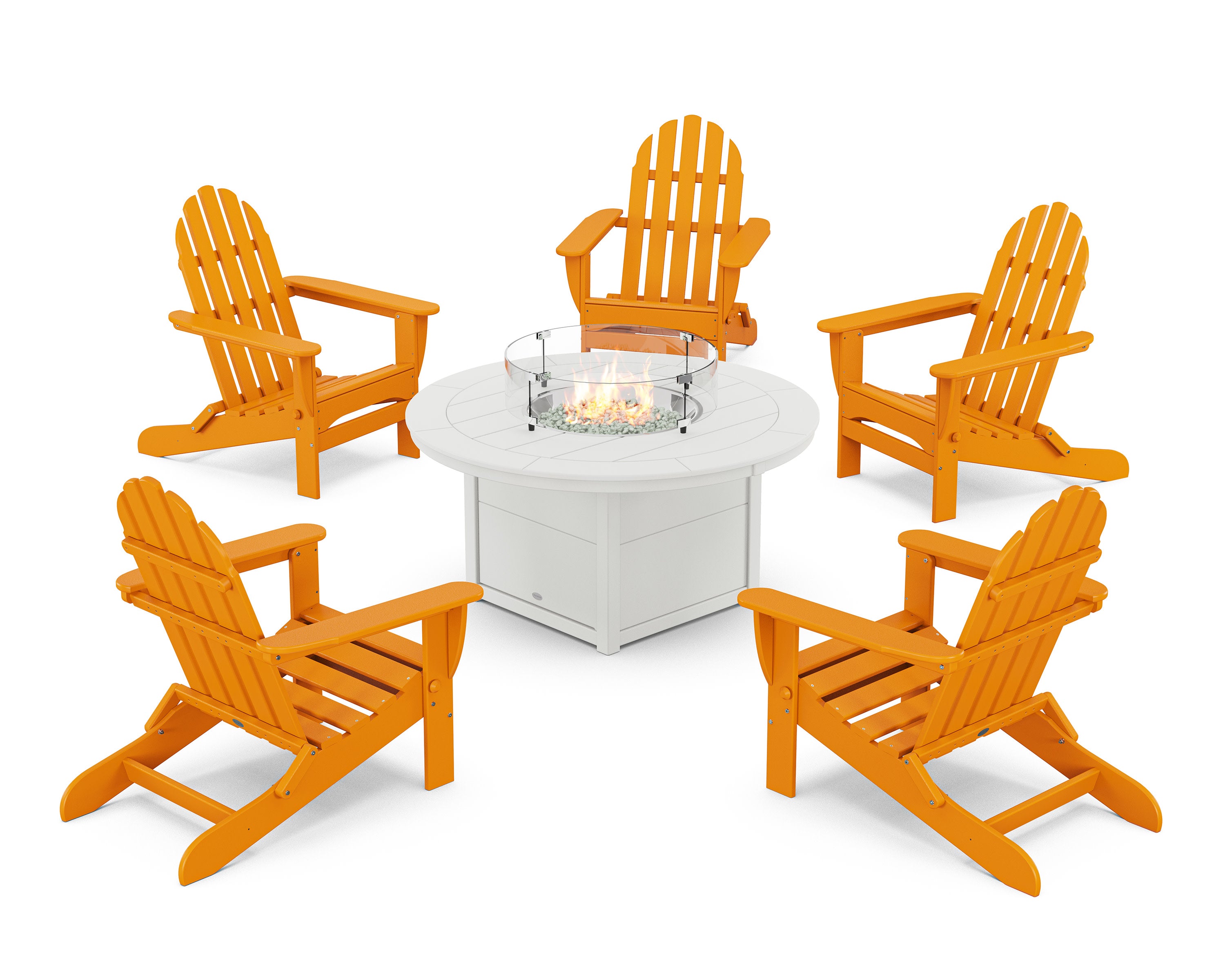 Classic Folding Adirondack 6-Piece Conversation Set with Fire Pit Table in Tangerine / White