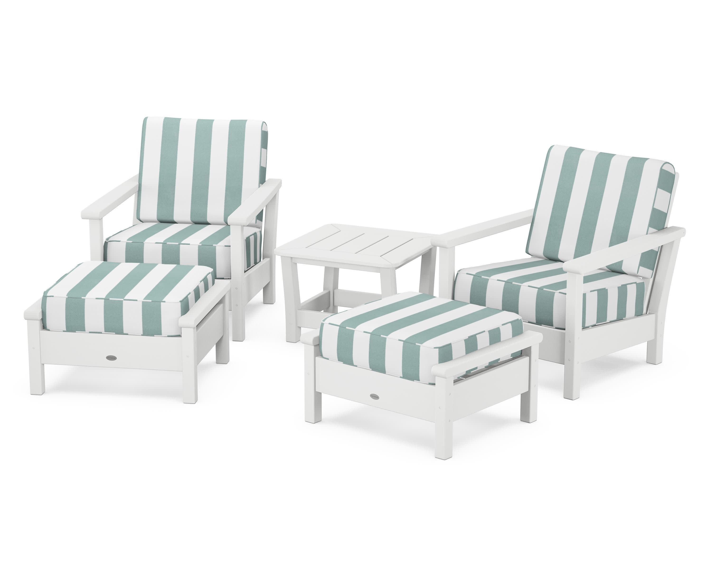 Harbour 5-Piece Deep Seating Chair Set in White / Cabana Stripe Glacier Spa