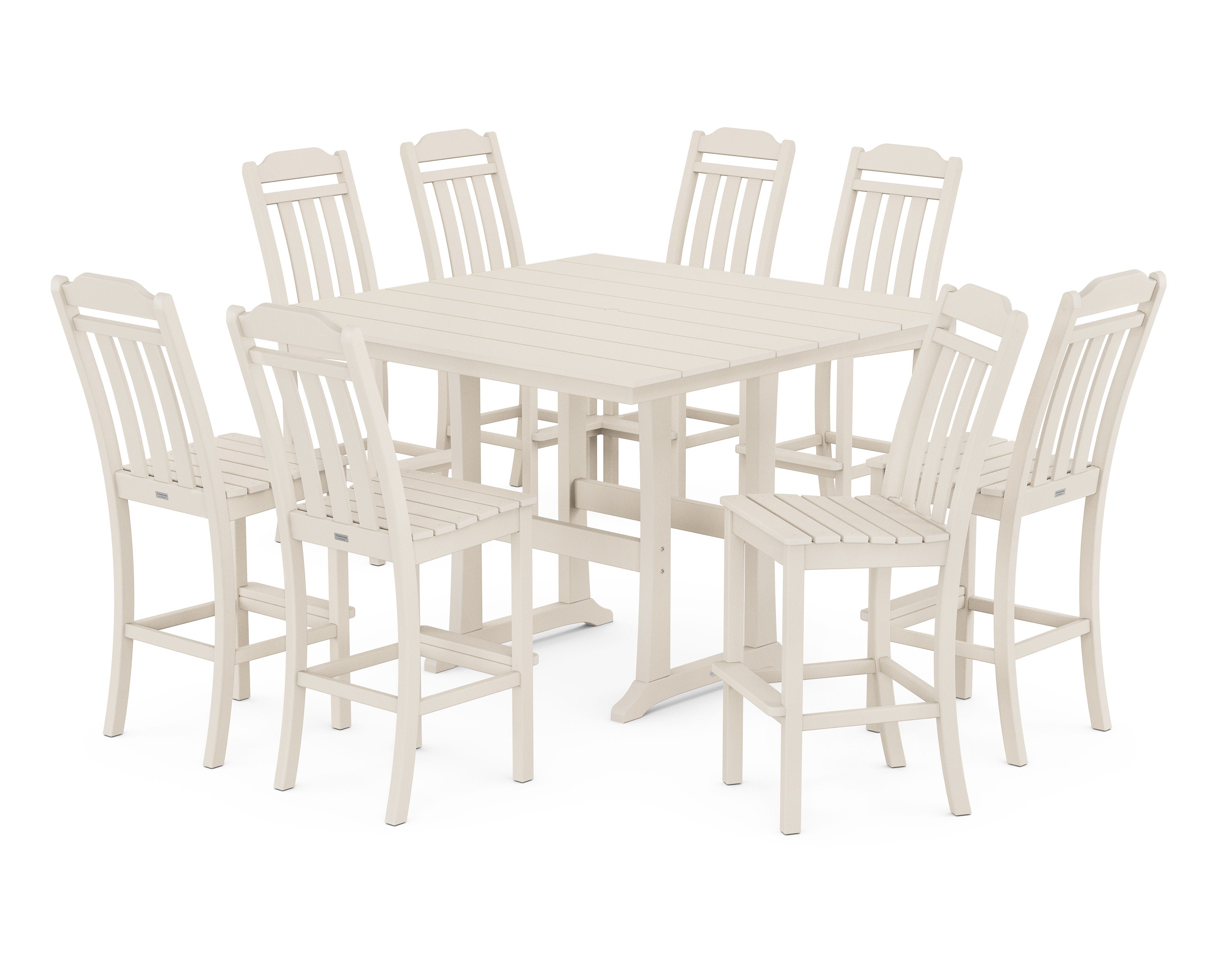 Cottage 9-Piece Square Farmhouse Side Chair Bar Set with Trestle Legs in Sand